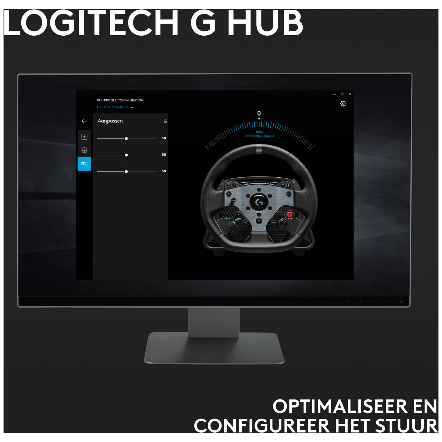A computer monitor displays a Logitech G HUB interface with a steering wheel graphic, set against a dark background.