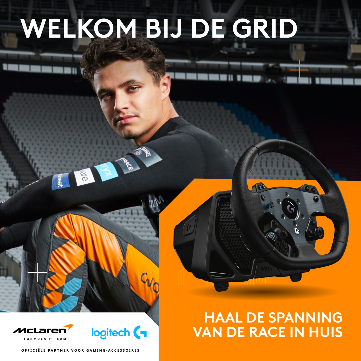 Man in racing suit with steering wheel, text "WELKOM BIJ DE GRID", McLaren and Logitech logos, and text "HAAL DE SPANNING VAN DE RACE IN HUIS".