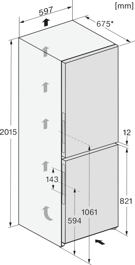Diagramm eines Kühlschranks mit Abmessungen in Millimetern. Zeigt Höhen-, Breiten- und Tiefenmessungen für die Abschnitte des Geräts.