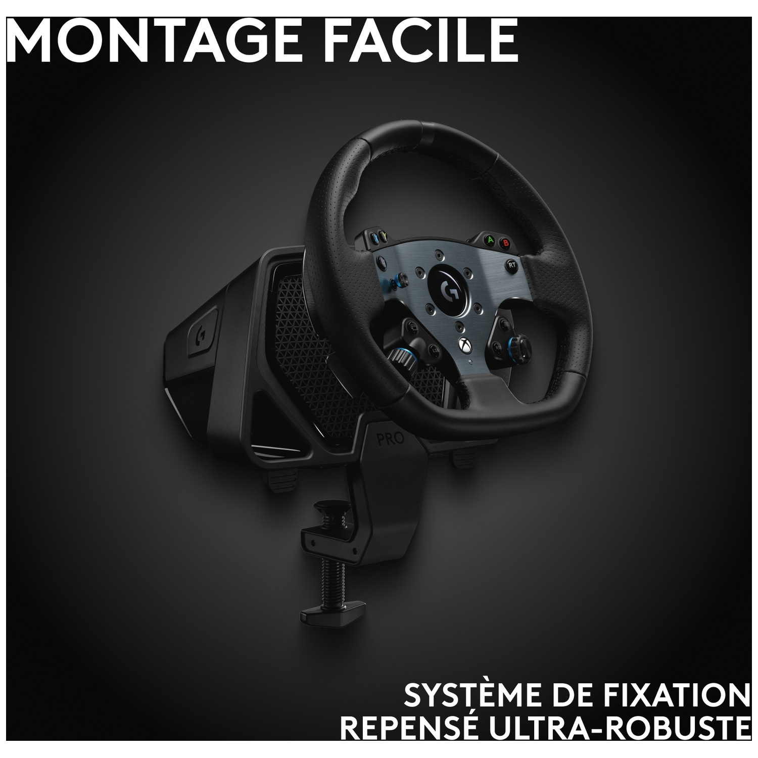 Un volant et une base de course Logitech noirs, montés sur une surface noire, avec le texte 'MONTAGE FACILE'.