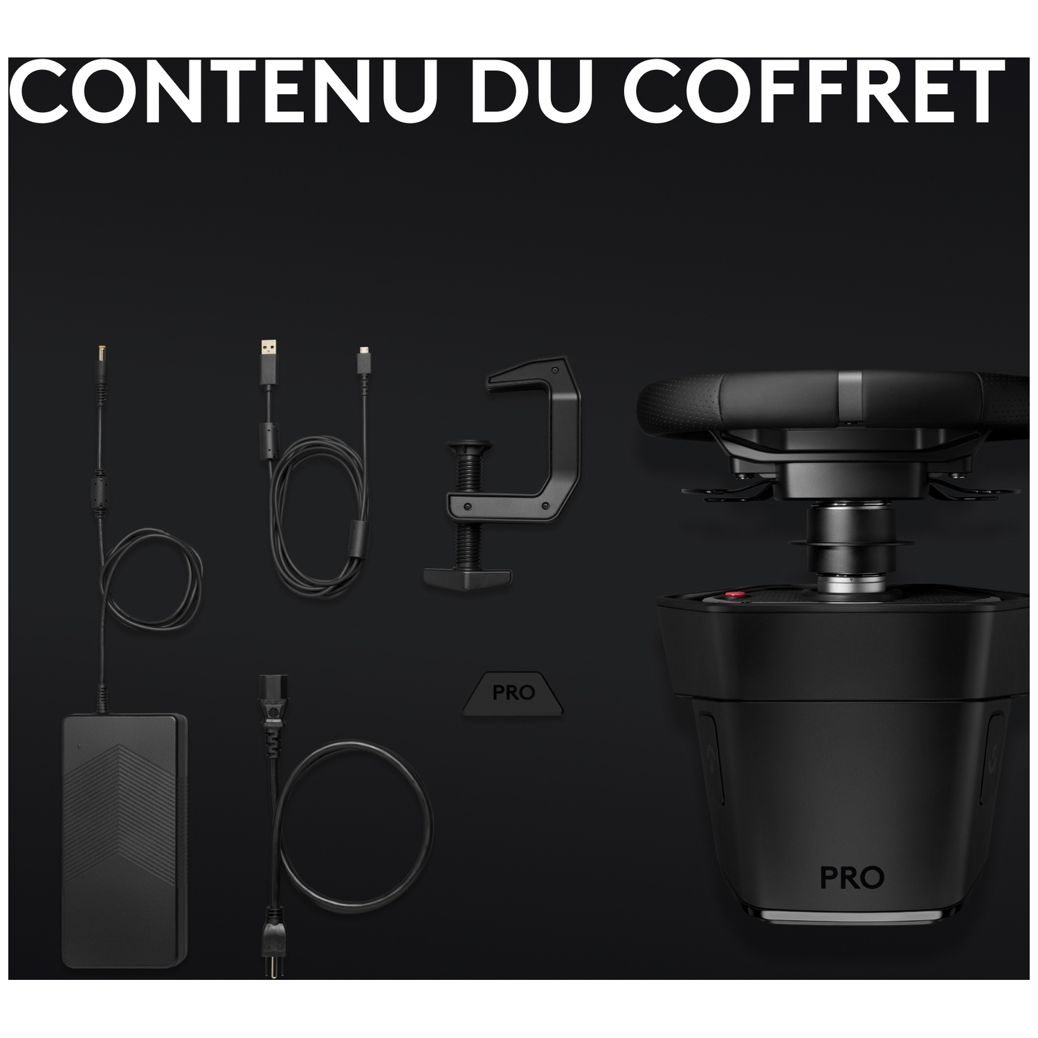 Image montrant le contenu d'une boîte : volant noir, câbles, adaptateur secteur et matériel de montage.