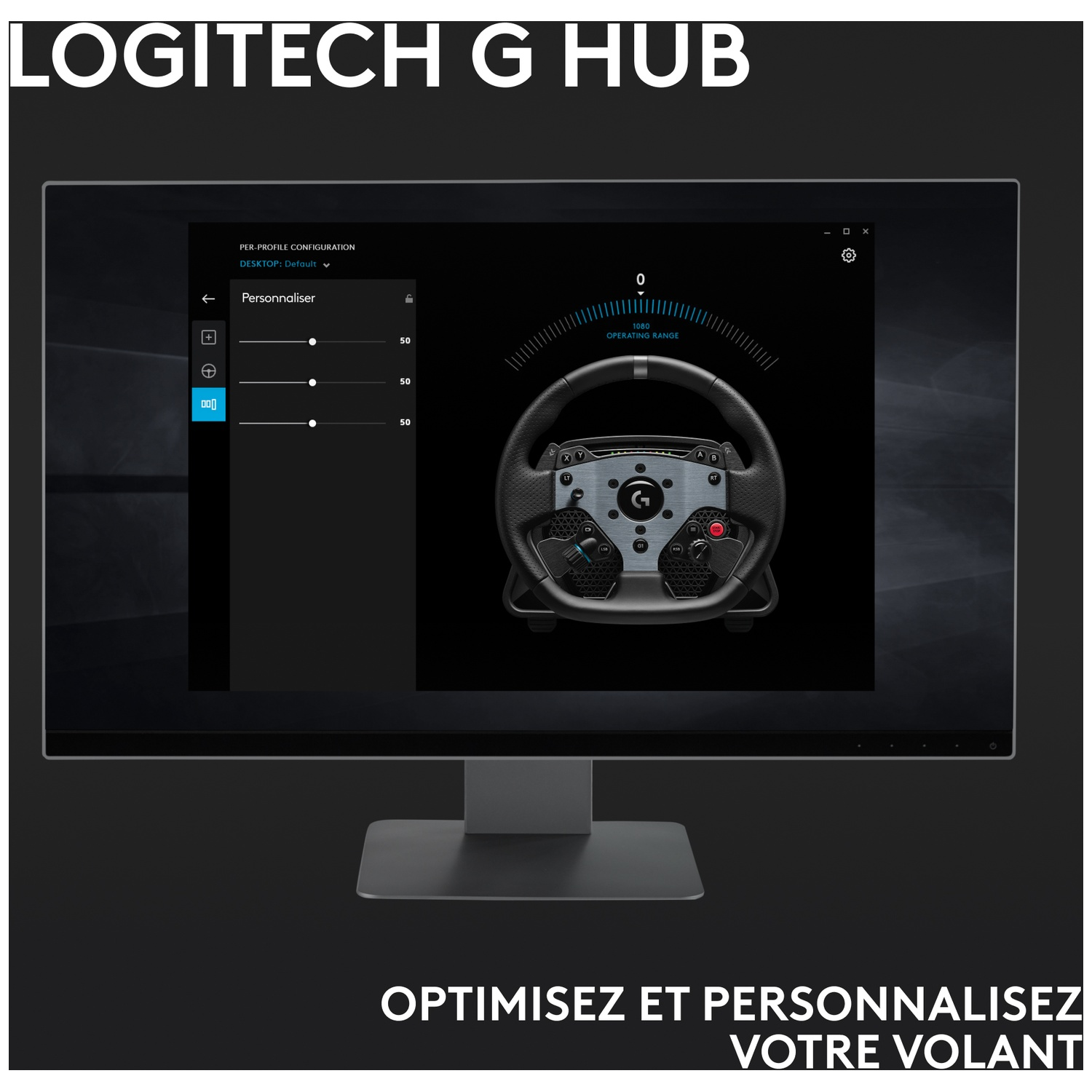 Un moniteur affiche l'interface Logitech G HUB. Un volant est affiché dans l'interface, avec des options de personnalisation.