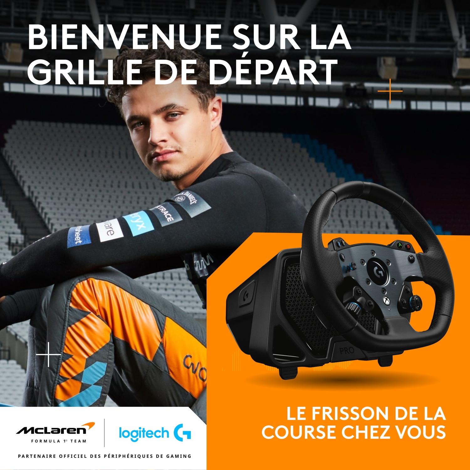 Un pilote de course en combinaison McLaren pose près d'un volant. Texte : 'Bienvenue sur la grille de départ'.