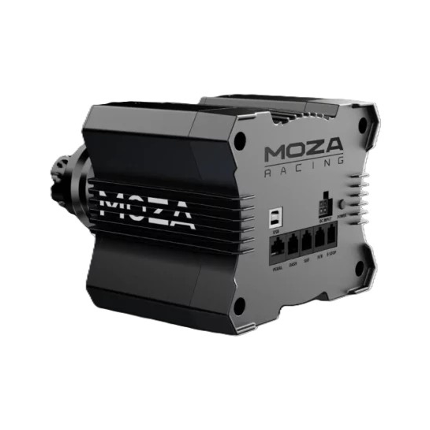 Un dispositivo di corse MOZA nero e grigio. Ha il logo MOZA e varie porte e ingressi etichettati.