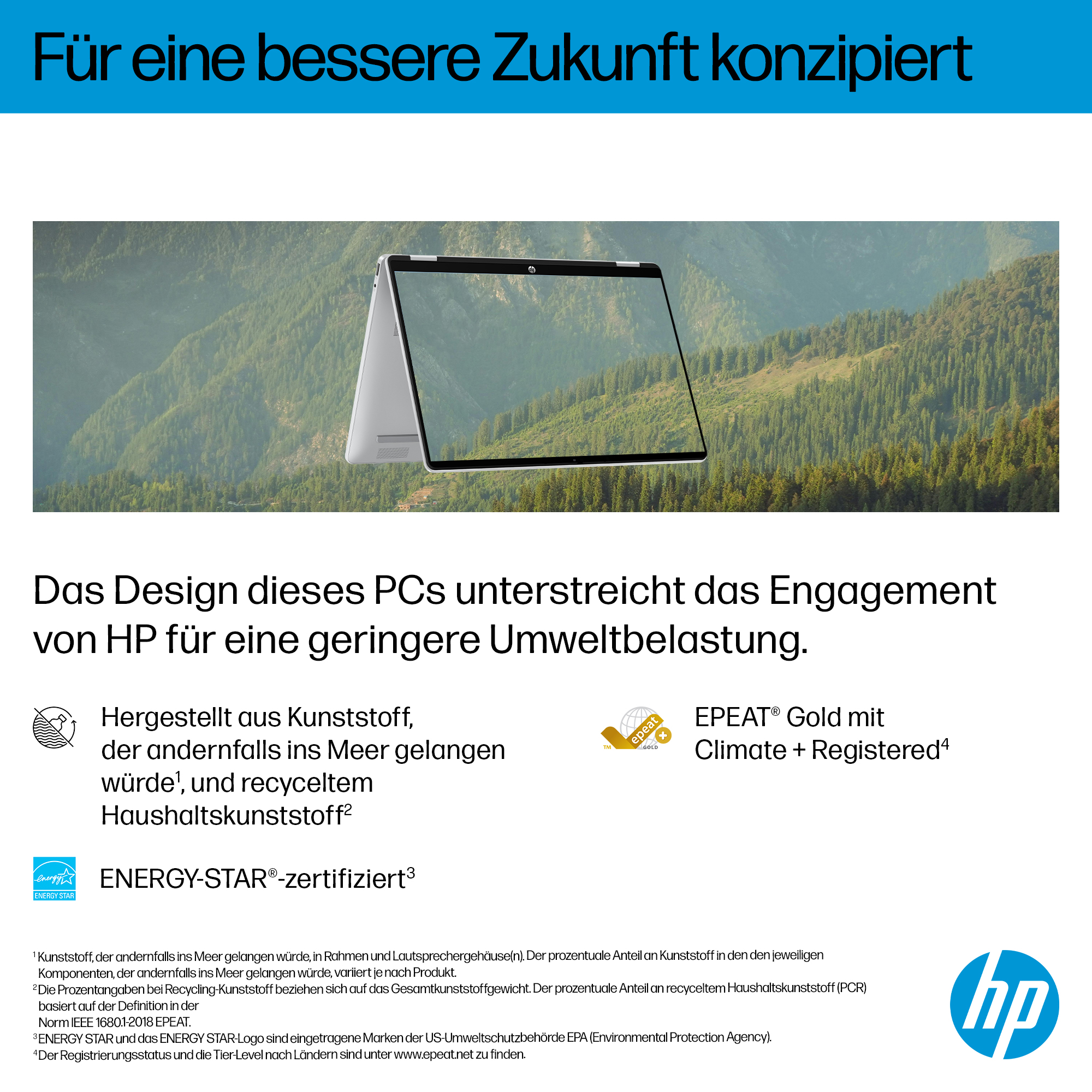 HP-Anzeige mit Laptop vor grünem Hintergrund. Text enthält Umweltzertifizierungen und Nachhaltigkeitsaussagen.