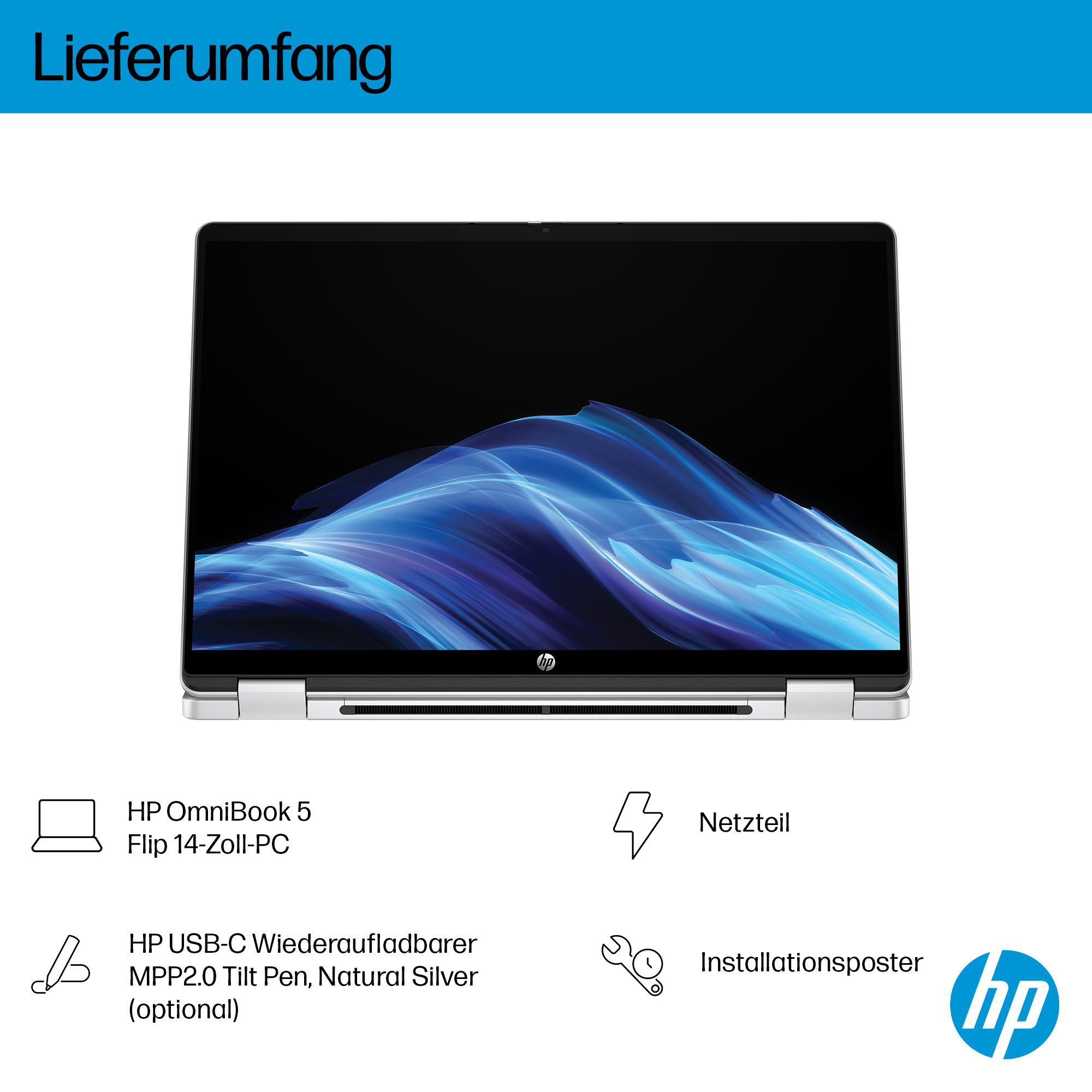 Ein HP-Laptop mit schwarzem Bildschirm. Die Box enthält: Laptop, Stift, Netzteil und Installationsposter.