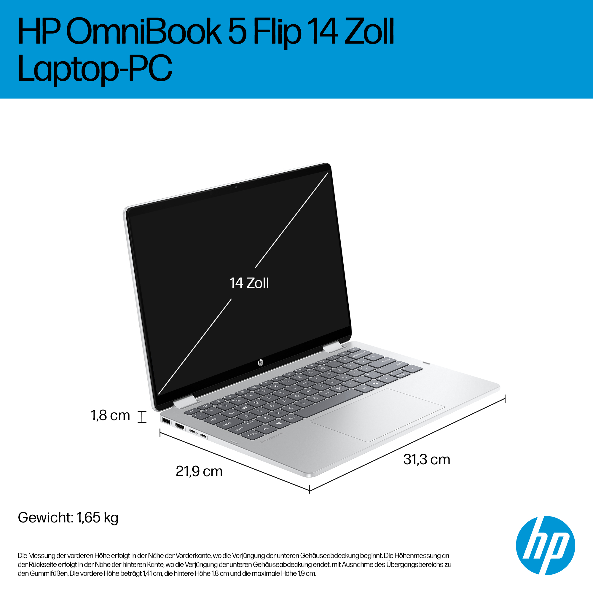 HP OmniBook 5 Laptop. Silbernes Gehäuse, schwarzer Bildschirm, Tastatur sichtbar. Abmessungen und Gewicht auf dem Bildschirm.