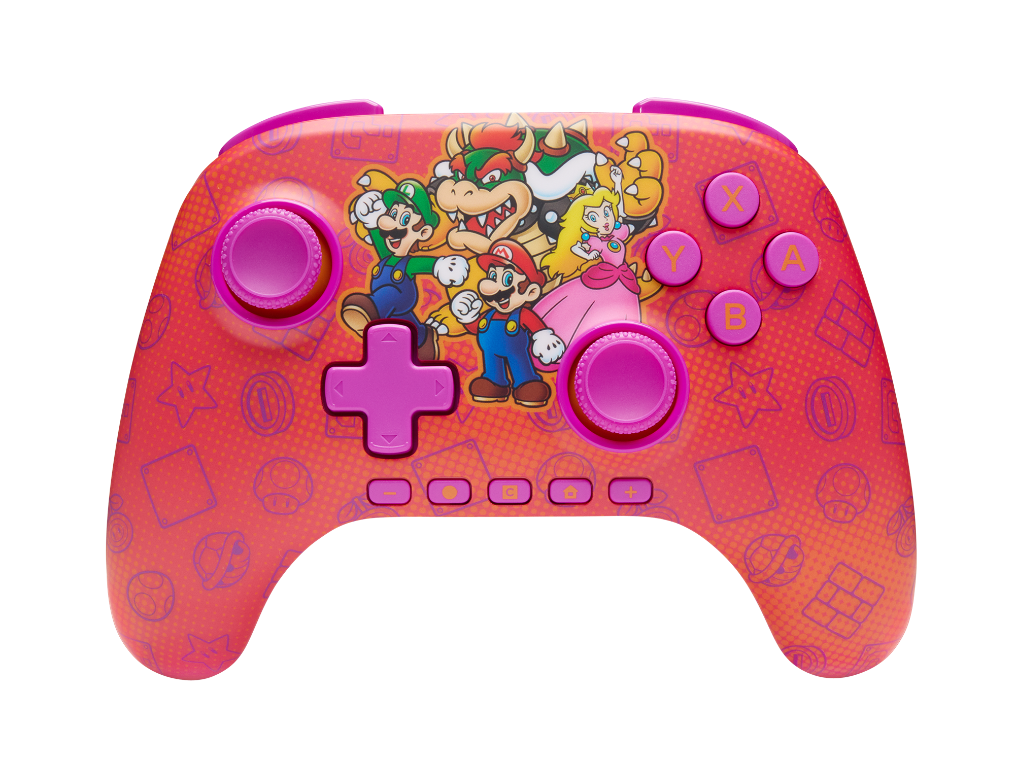Ein rosa-roter Nintendo Switch-Controller mit Mario-Charakteren. Es hat rosa Knöpfe und ein Steuerkreuz.