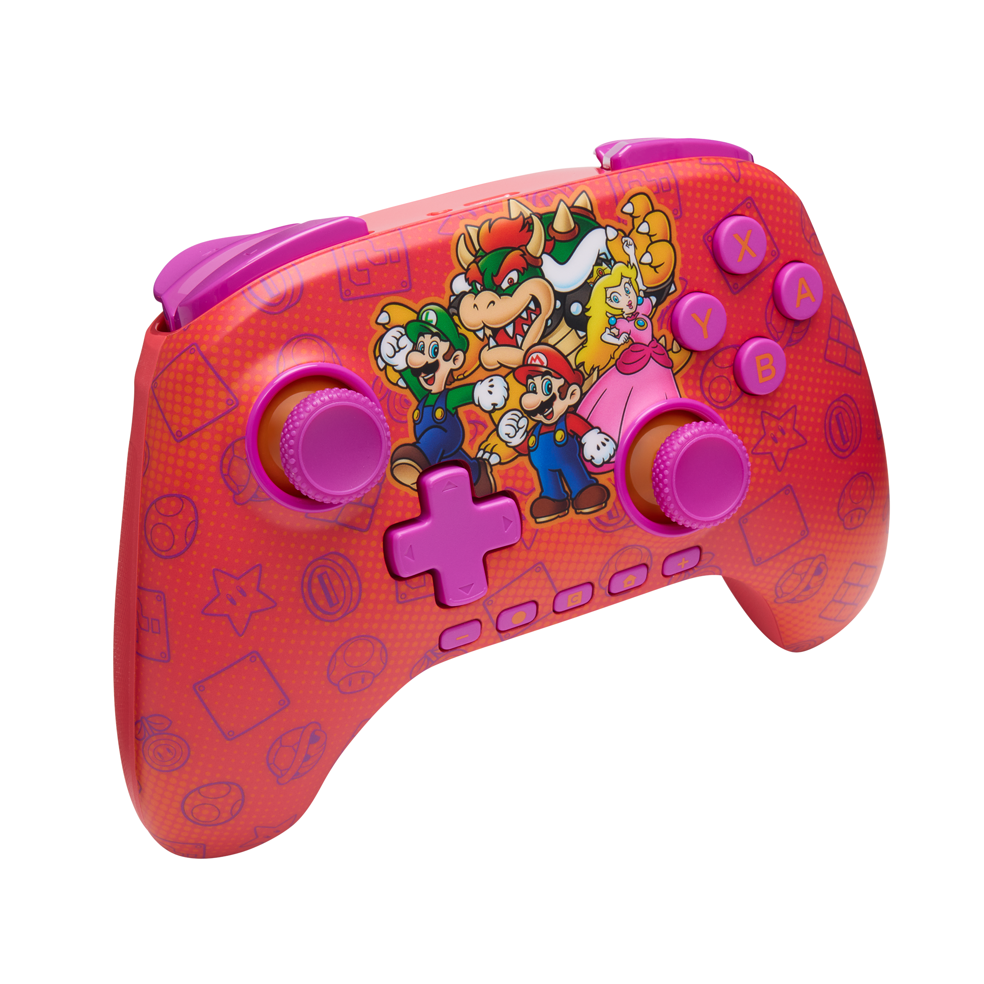 Ein roter Nintendo Switch-Controller mit Mario-Charakteren. Er hat pinkfarbene Knöpfe und Joysticks. Illustrationen von Charakteren sind auf der Vorderseite.