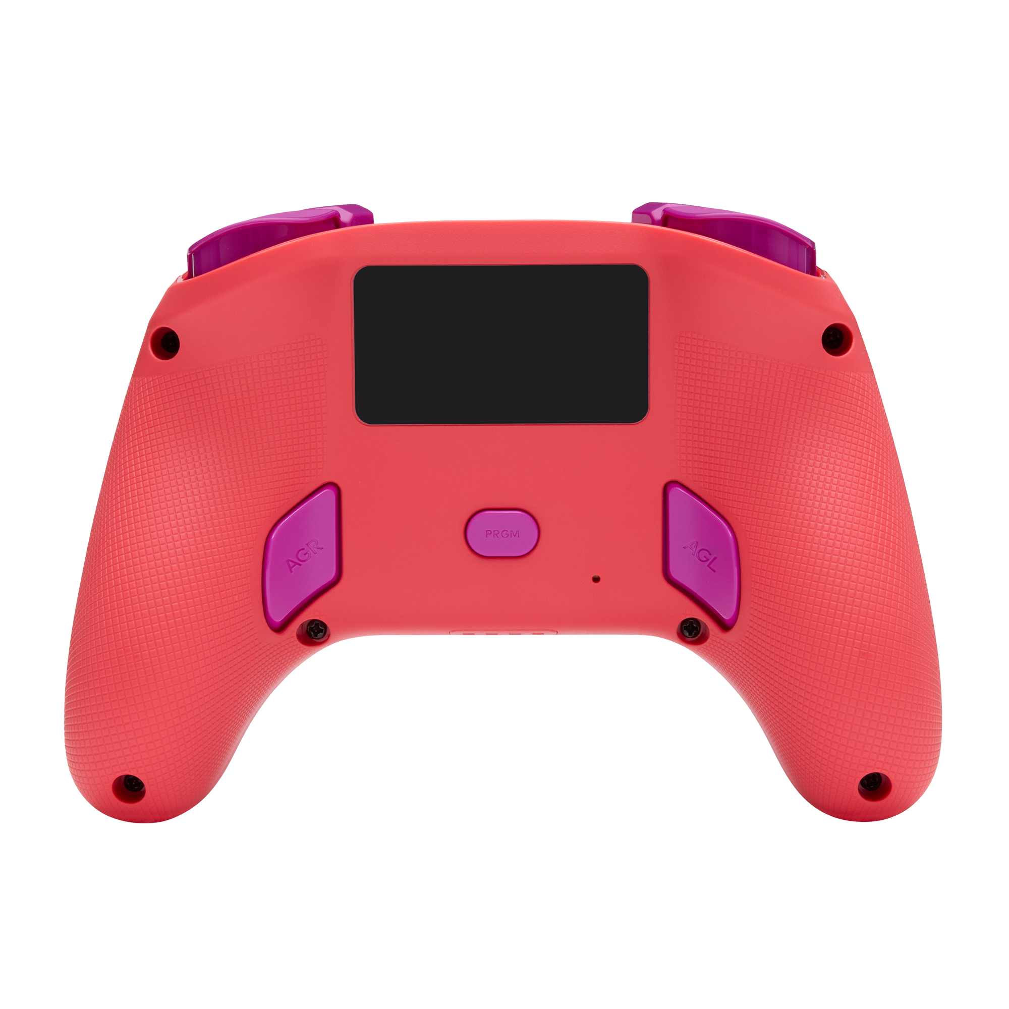 Ein pinkfarbener Gamecontroller mit lila Knöpfen. Er hat einen schwarzen Bildschirm und die Knöpfe AGR, PRGM und AGL.