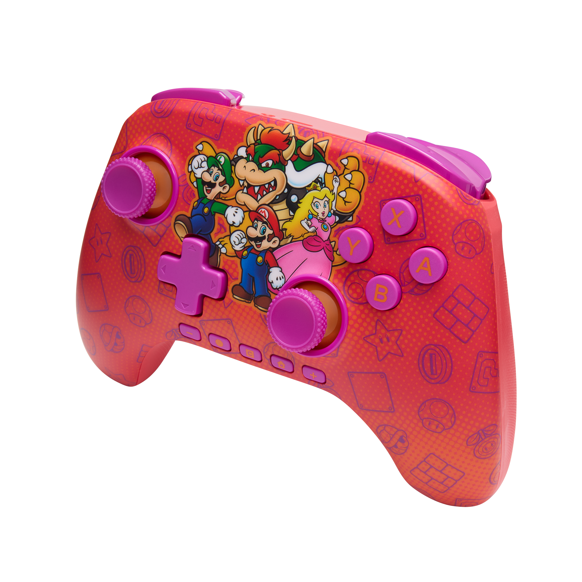 Ein roter Nintendo Switch-Controller mit Mario-Charakteren, lila Knöpfen und einem kreuzförmigen Steuerkreuz.