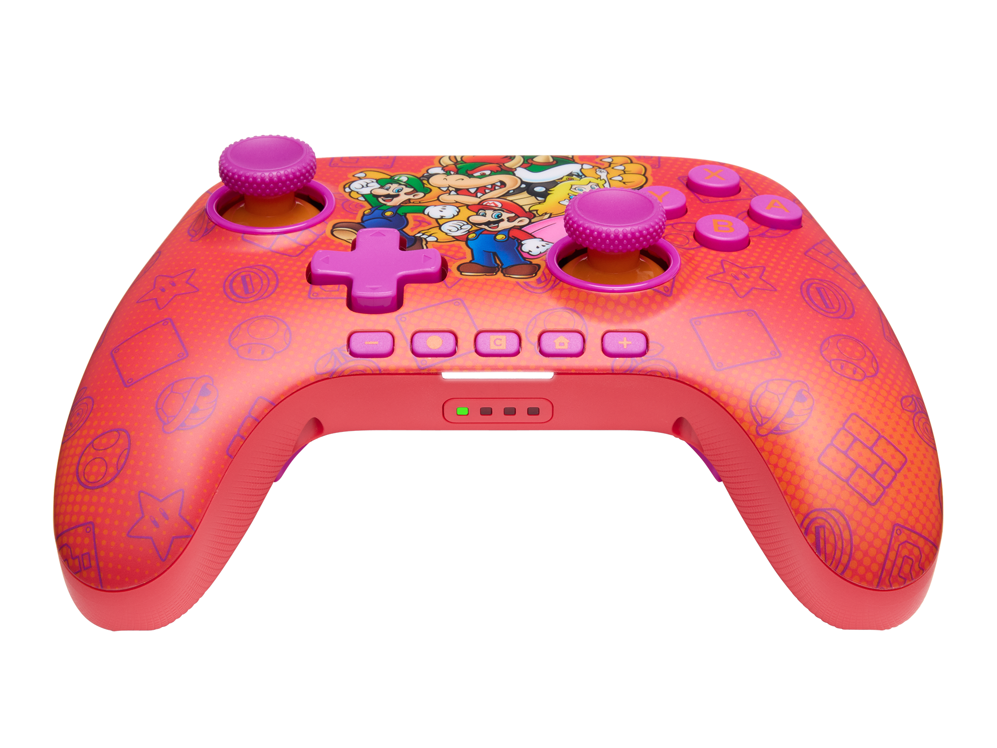 Ein roter Gamecontroller im Mario-Design. Er hat lila Joysticks und Tasten mit Mario-Charakteren auf der Vorderseite.