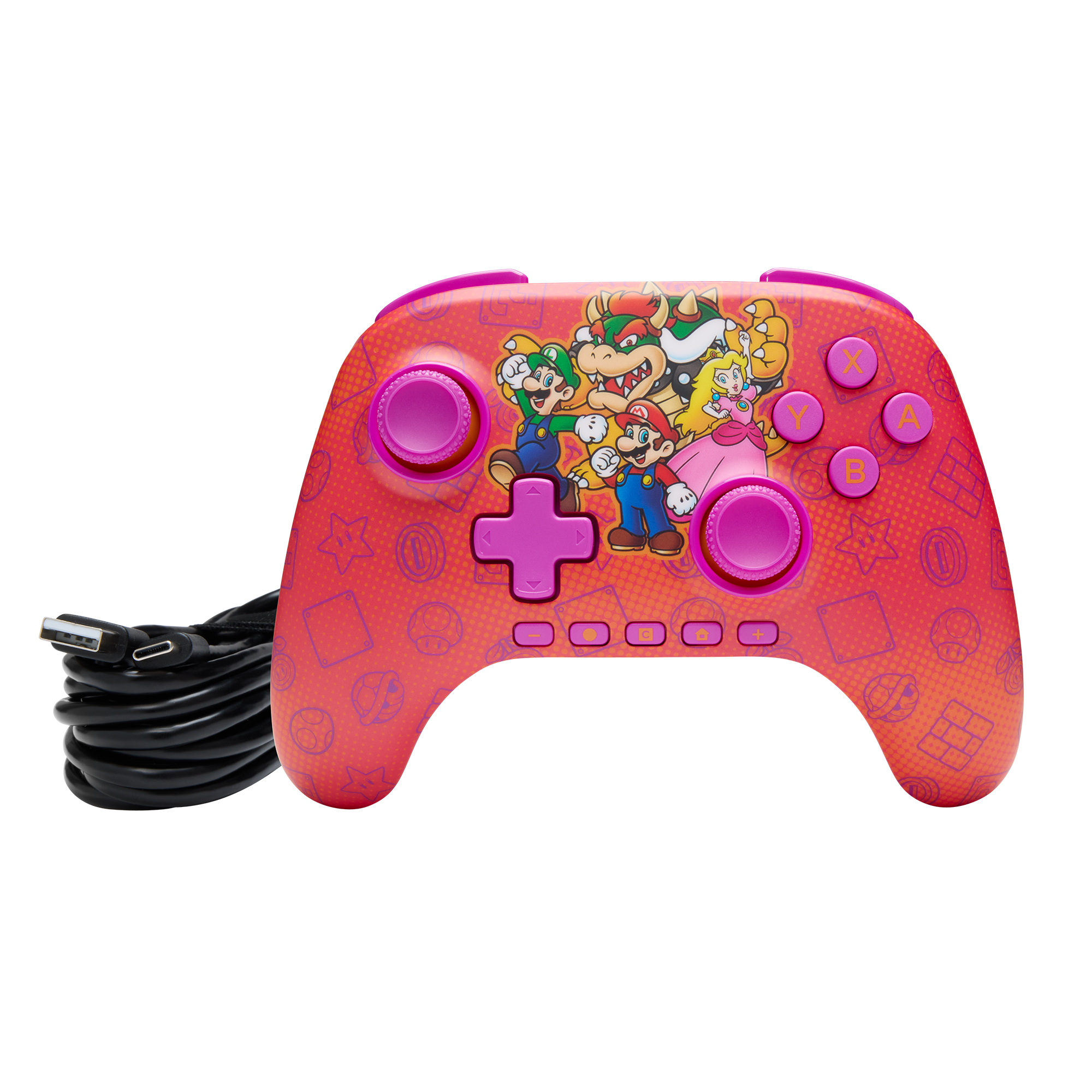 Ein roter Nintendo Switch-Controller mit Mario-Charakteren. Ein schwarzes Kabel ist befestigt.