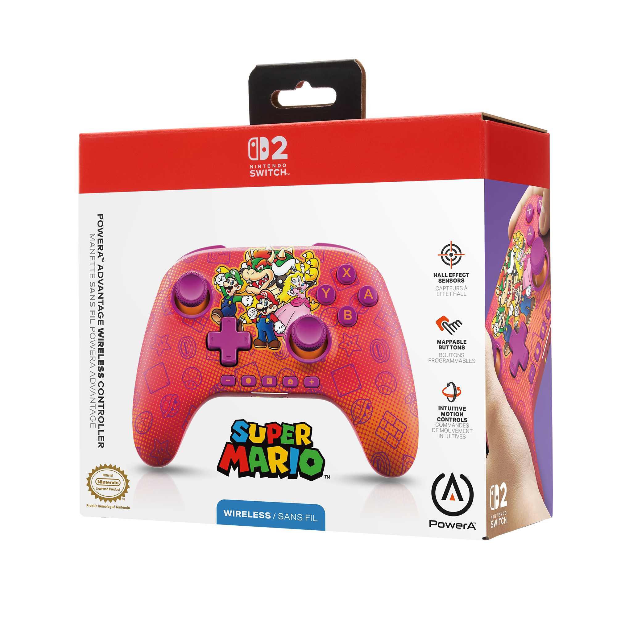 Ein Super Mario PowerA Wireless-Controller für Nintendo Switch. Er ist rosa mit Mario-Charakteren und Symbolen, in einer Box.