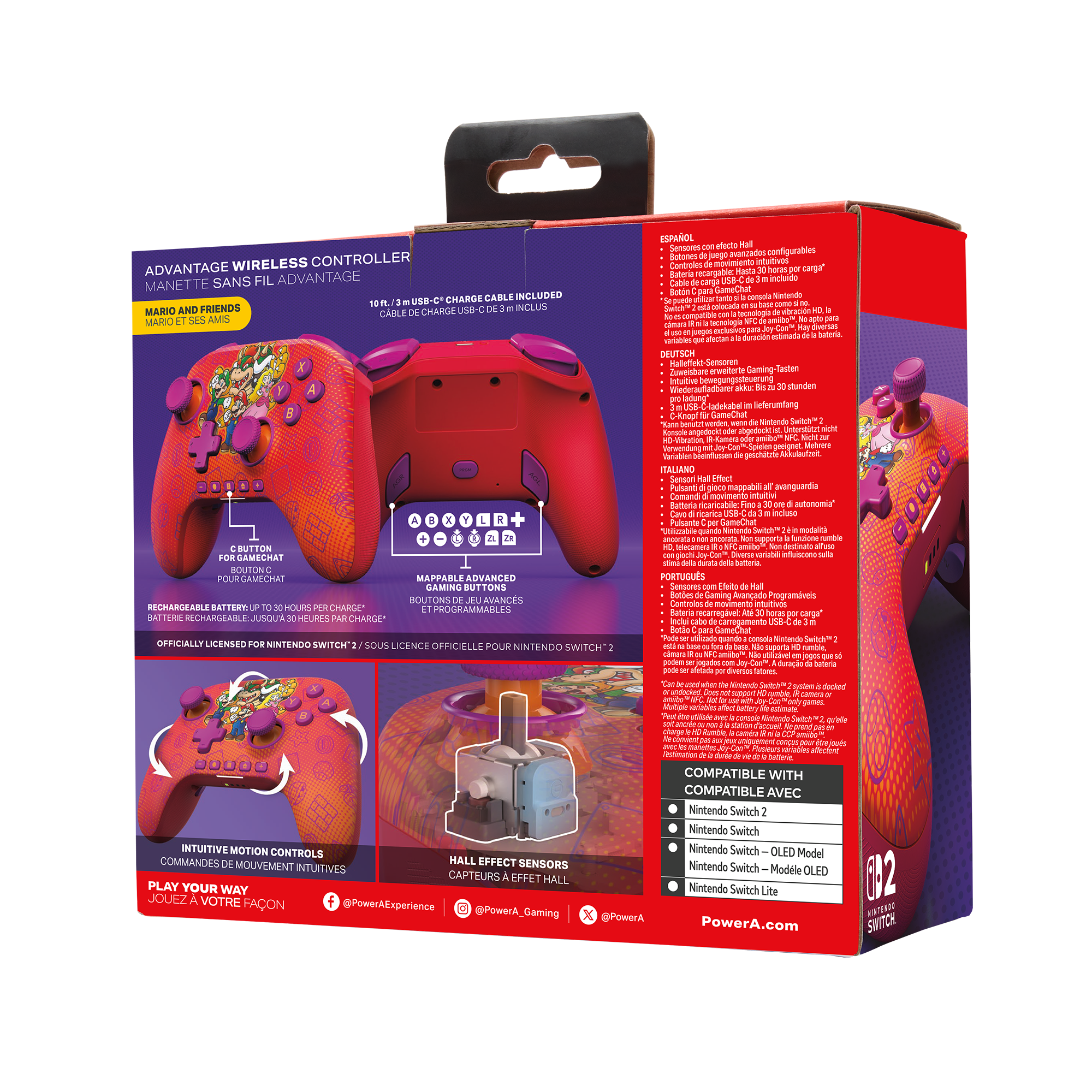 Roter und orangefarbener Nintendo Switch-Controller mit Mario-Figuren, Knöpfen und Text auf der Box.