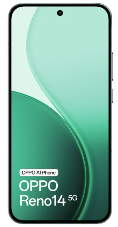 Smartfon z zakrzywionym zielonym gradientowym wyświetlaczem. Tekst: 'OPPO Reno14 5G'.