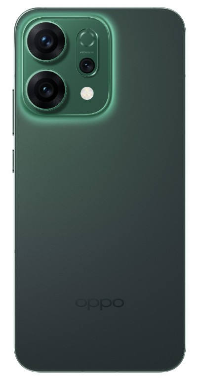 Zielony tył telefonu Oppo. Posiada moduł aparatu z trzema obiektywami i lampą błyskową. Logo Oppo jest widoczne na dole.