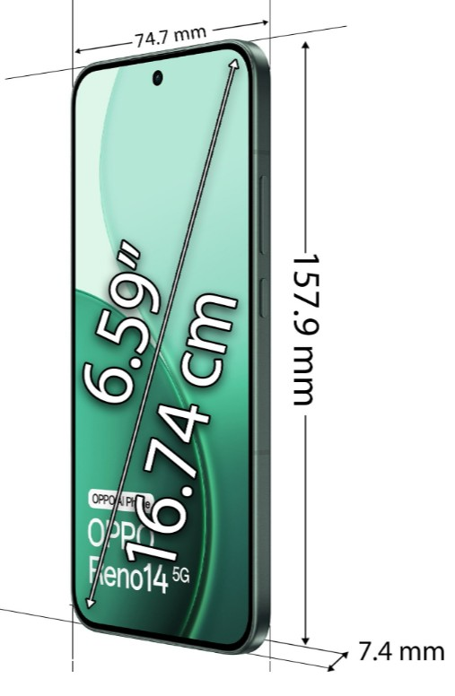 Obraz przedstawia telefon Oppo z wymiarami. Rozmiar ekranu to 6,59", wymiary to 157,9 mm x 74,7 mm x 7,4 mm. Model to Find X5G.