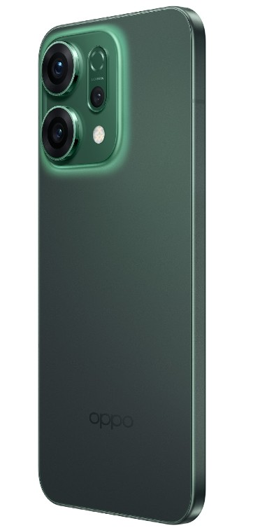 Ciemnozielony smartfon Oppo. Posiada aparat z trzema obiektywami i logo Oppo z tyłu. Telefon jest lekko pochylony.