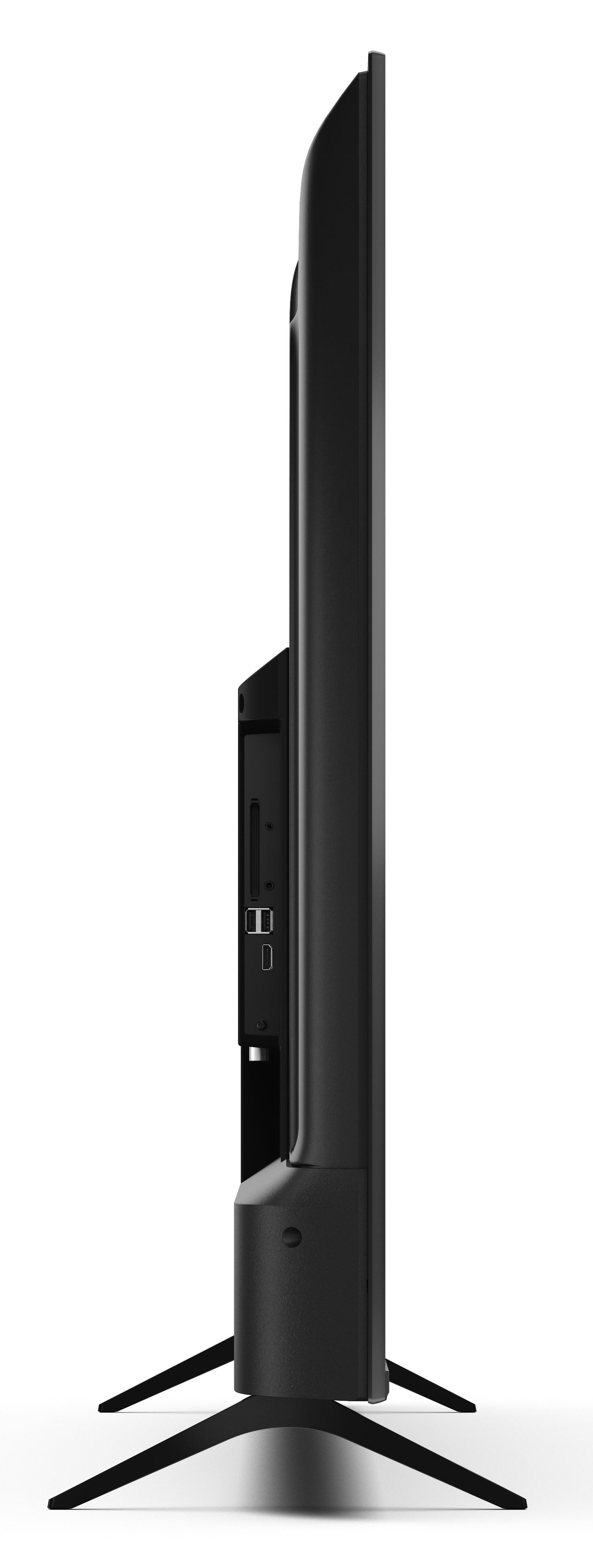 Widok z boku czarnego telewizora na białym tle. Ma podstawę i widoczne porty. Ekran jest cienki i czarny.