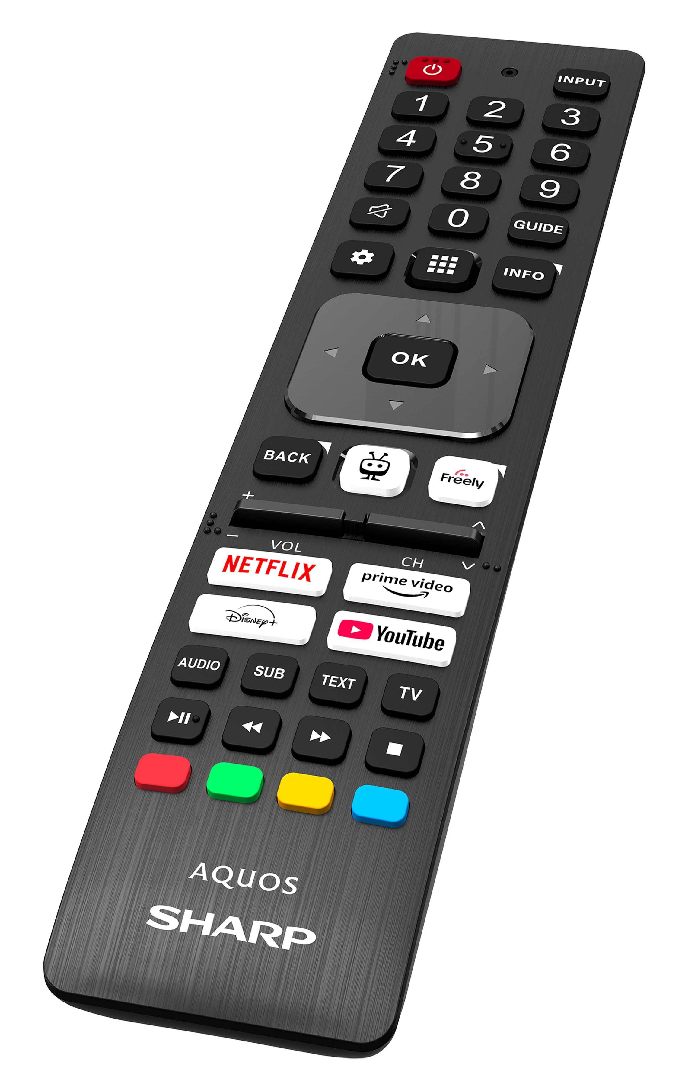 Czarny pilot do telewizora Sharp Aquos. Posiada wiele przycisków do regulacji głośności, kanałów oraz usług streamingowych, takich jak Netflix i YouTube.