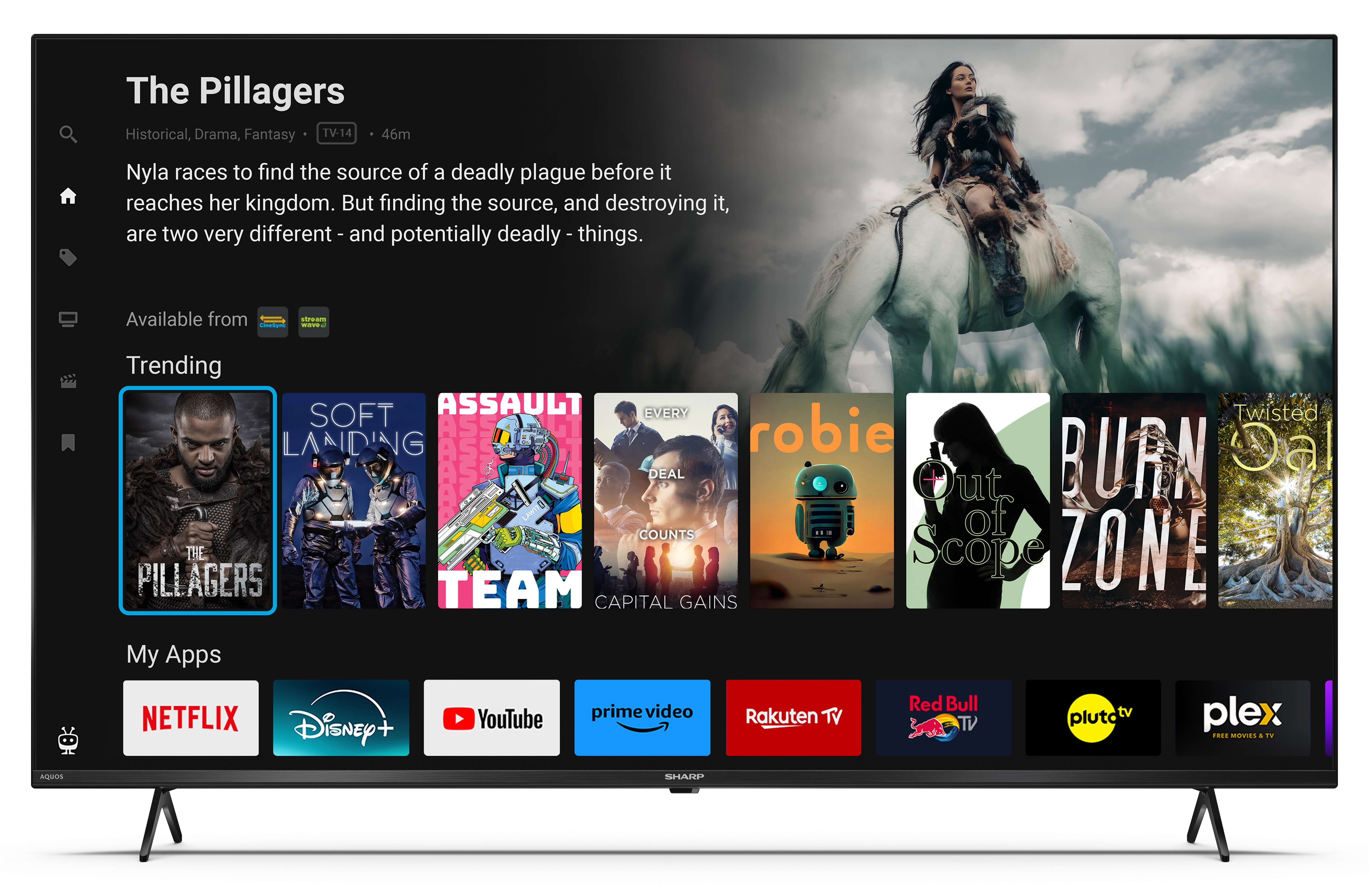 Ekran telewizora wyświetla interfejs wyboru filmów. Kobieta na białym koniu jest w tle. Wyświetlane są popularne filmy.