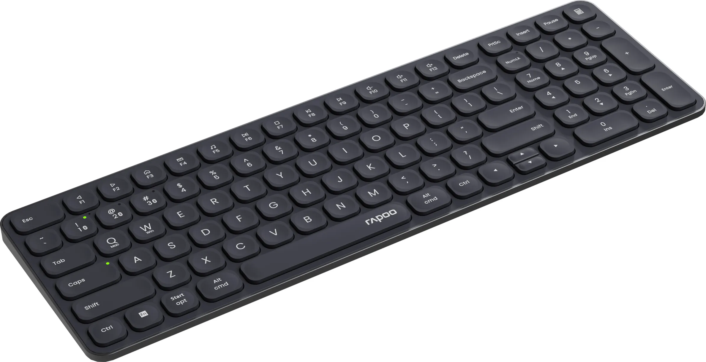 Eine schwarze Rapoo-Tastatur auf weißem Hintergrund. Sie hat Tasten mit Buchstaben, Zahlen und Symbolen.