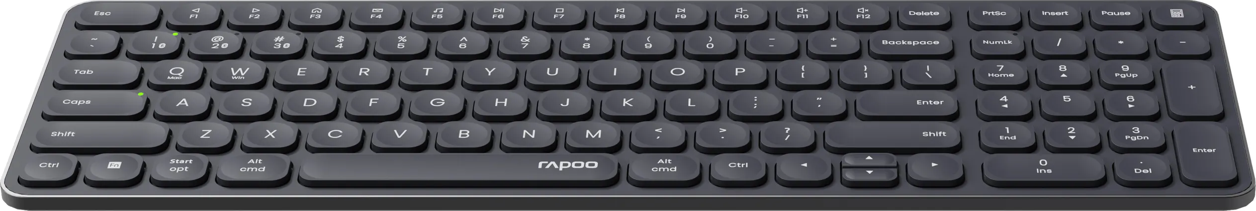 Eine schwarze Rapoo-Tastatur mit weißen Buchstaben. Tasten umfassen Buchstaben, Zahlen, Funktionstasten und Sonderzeichen.
