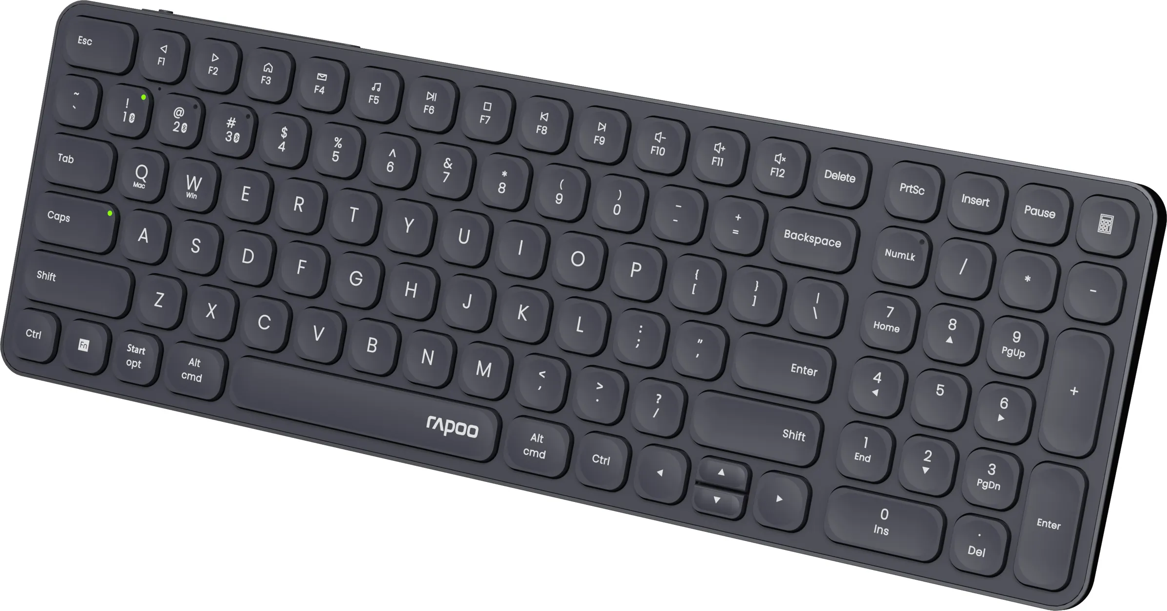 Dunkelgraue, kabellose Tastatur mit weißen Buchstaben und Symbolen, Schrägansicht. Enthält Funktionstasten und Ziffernblock.