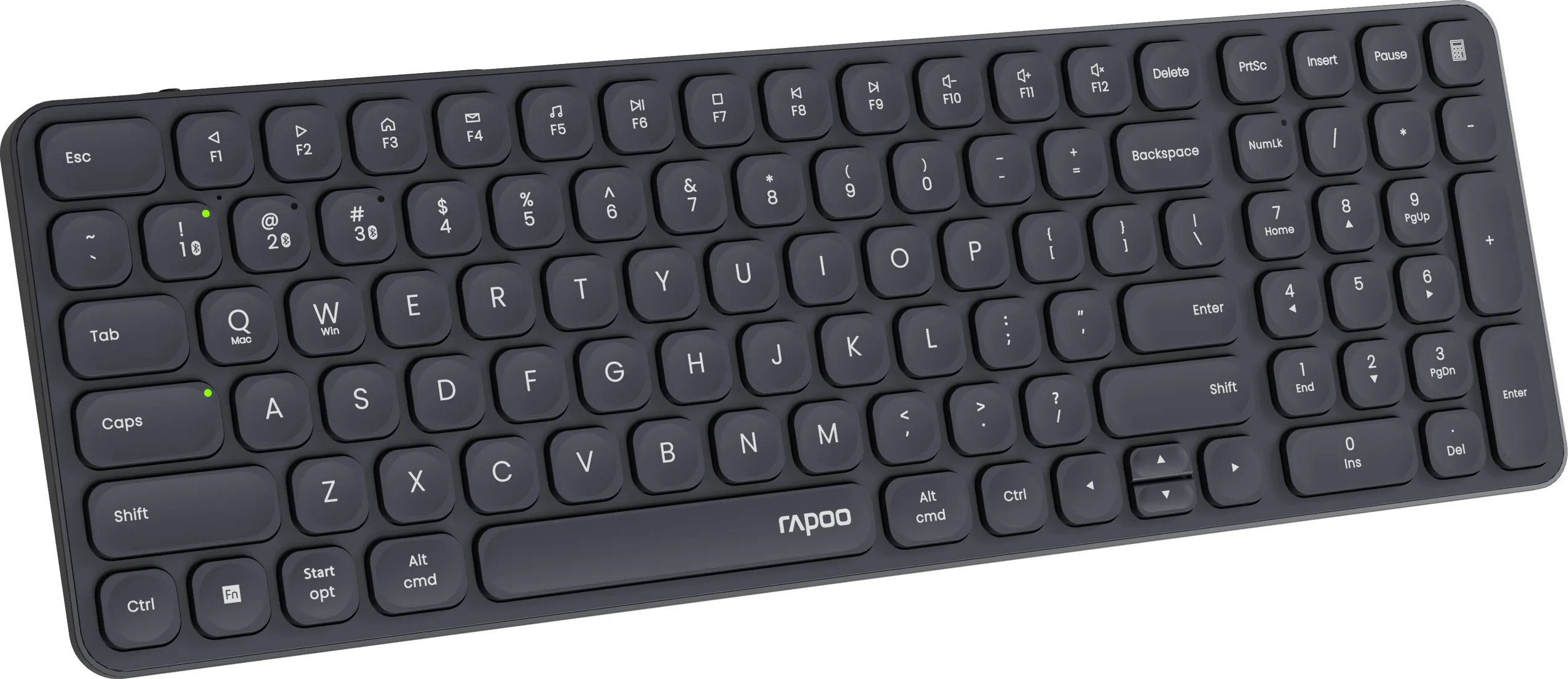Eine dunkelgraue drahtlose Tastatur mit weißer Beschriftung. Enthält Buchstaben, Zahlen und Sondertasten.