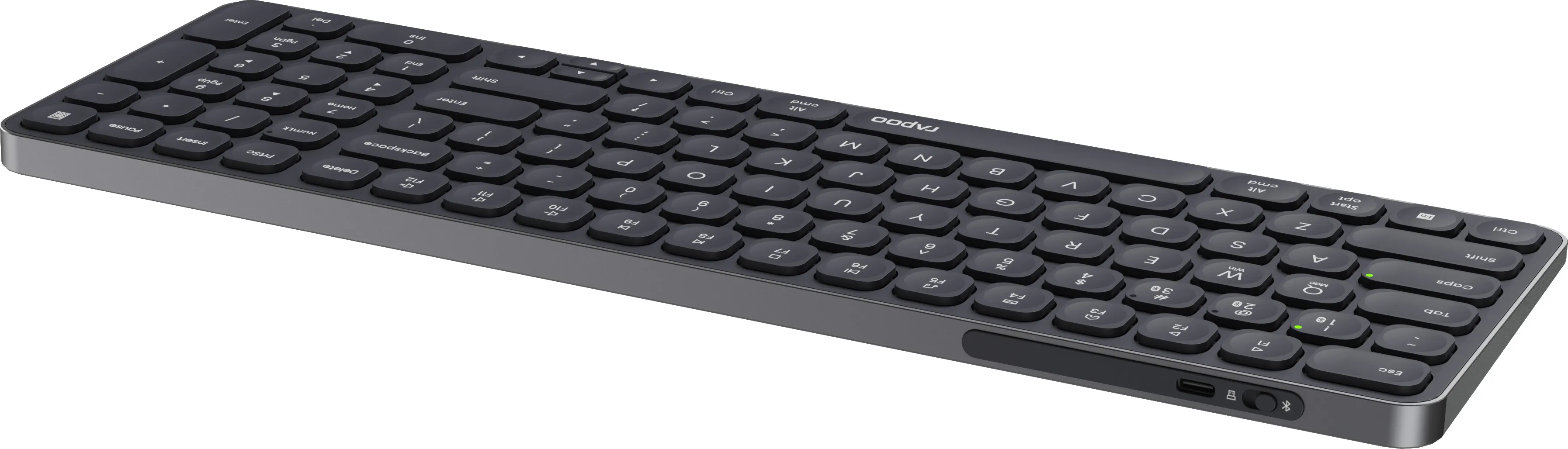 Eine schwarze, kabellose Tastatur mit dunkelgrauen Tasten, die Marke ist 'Rapoo'.