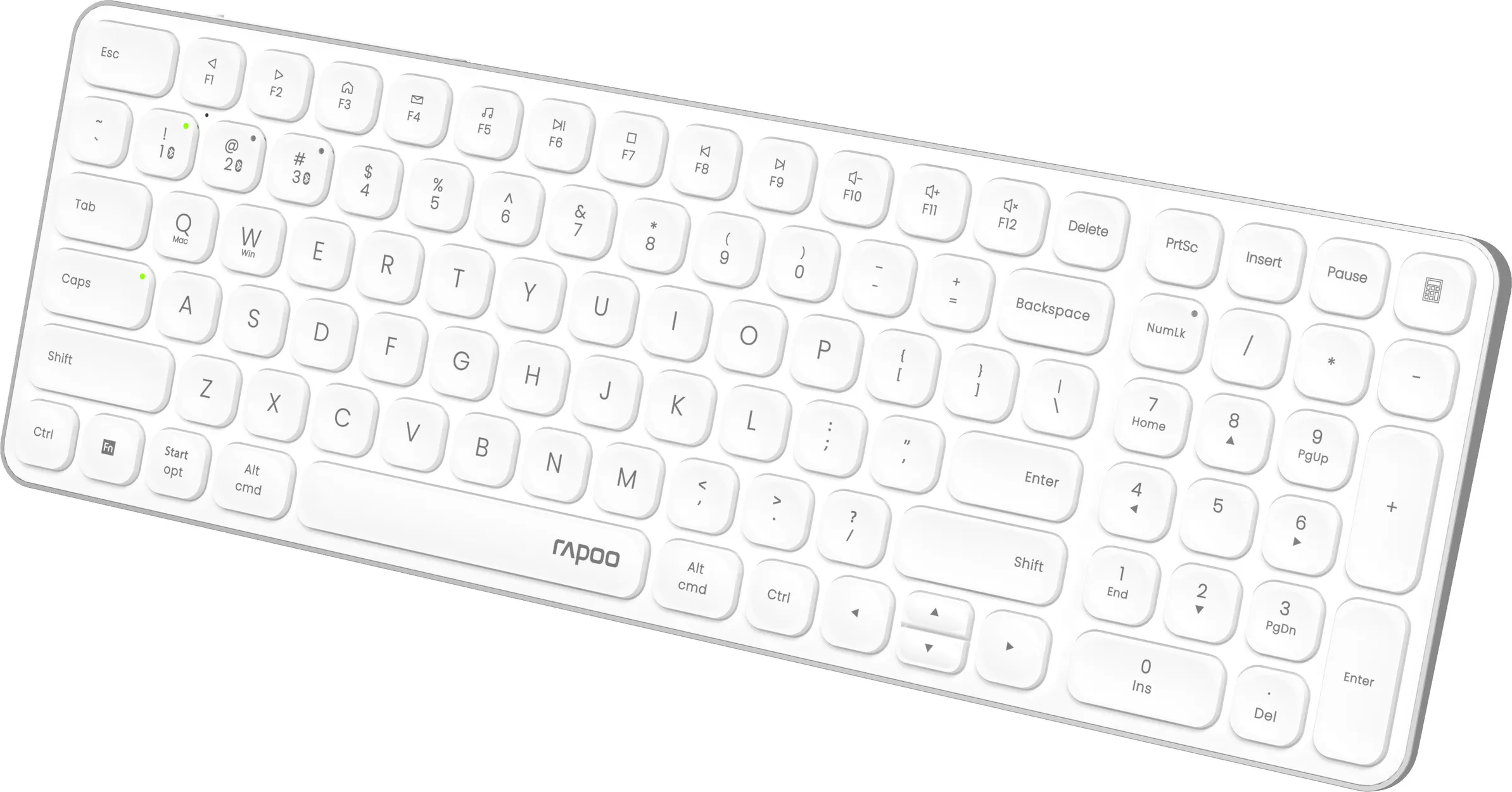 Una tastiera wireless bianca con layout completo. Tasti bianchi con lettere e simboli neri.