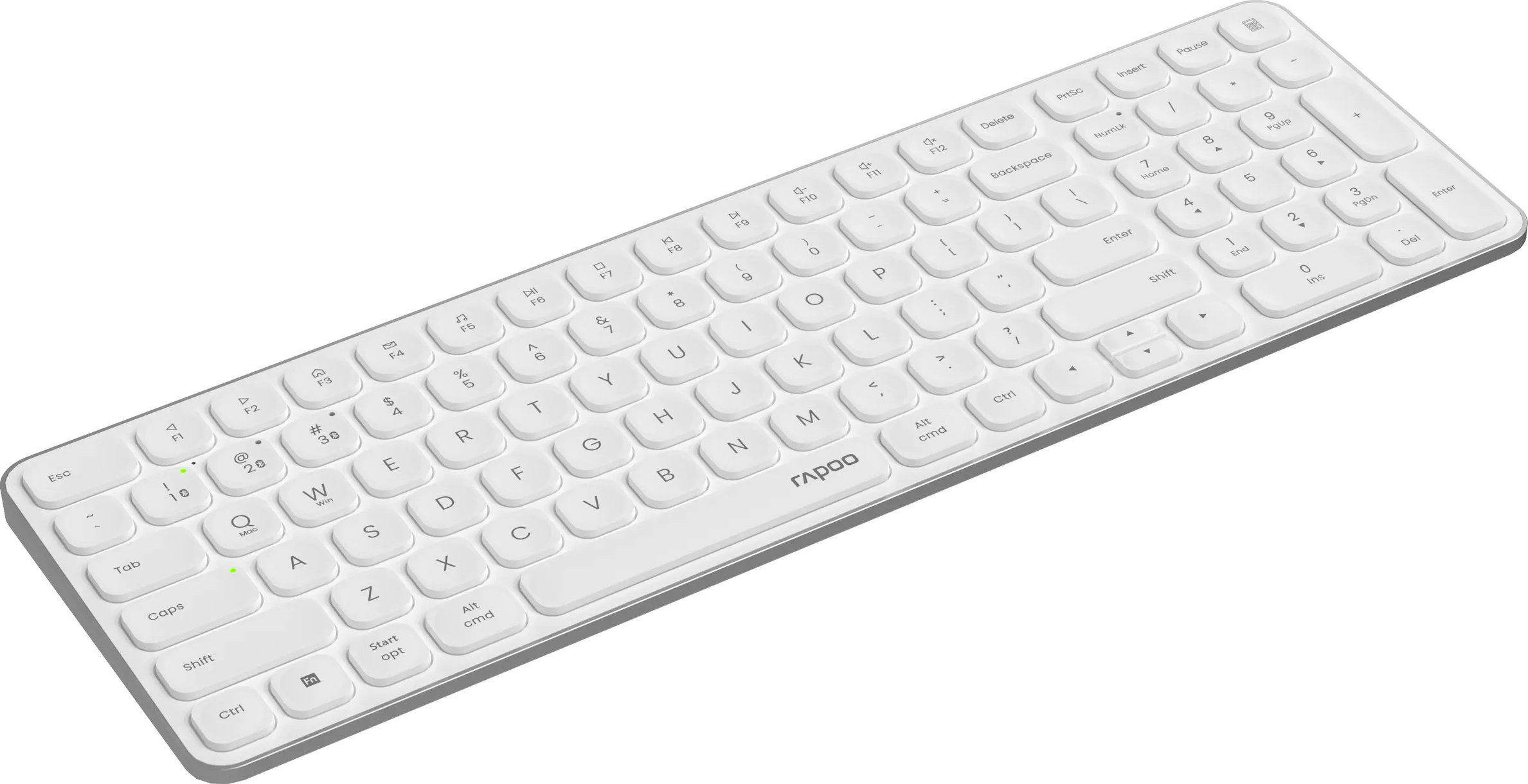Una tastiera wireless bianca con tasti rettangolari e bordo argentato. Il marchio Rapoo è visibile.