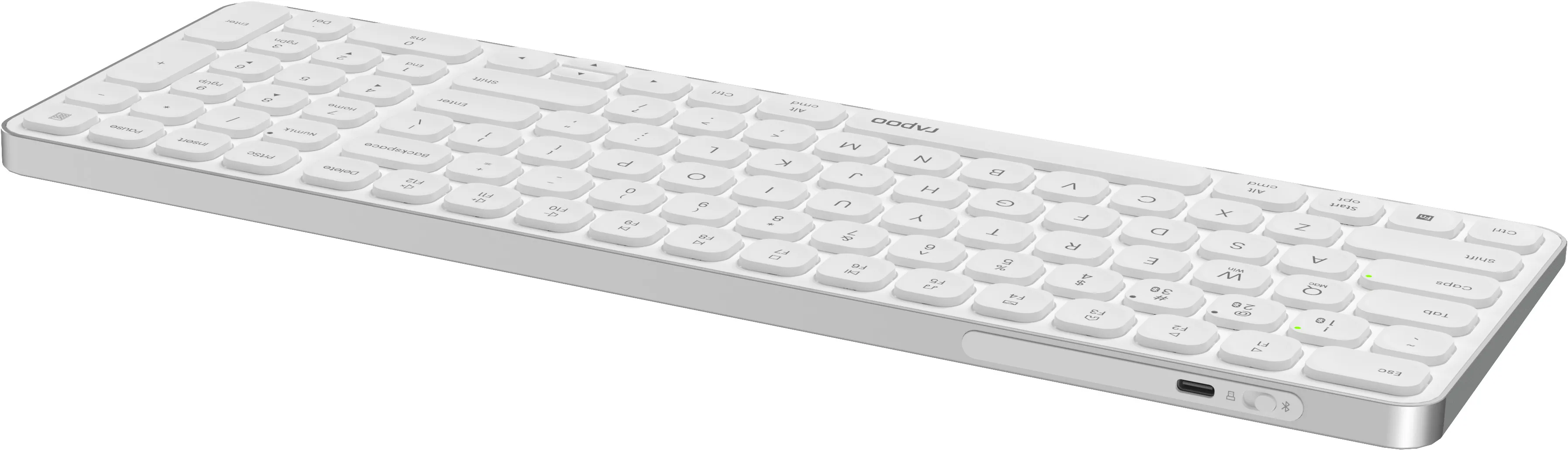 Una tastiera wireless bianca con tasti bianchi su base grigio chiaro. Il marchio è 'Rapoo'.