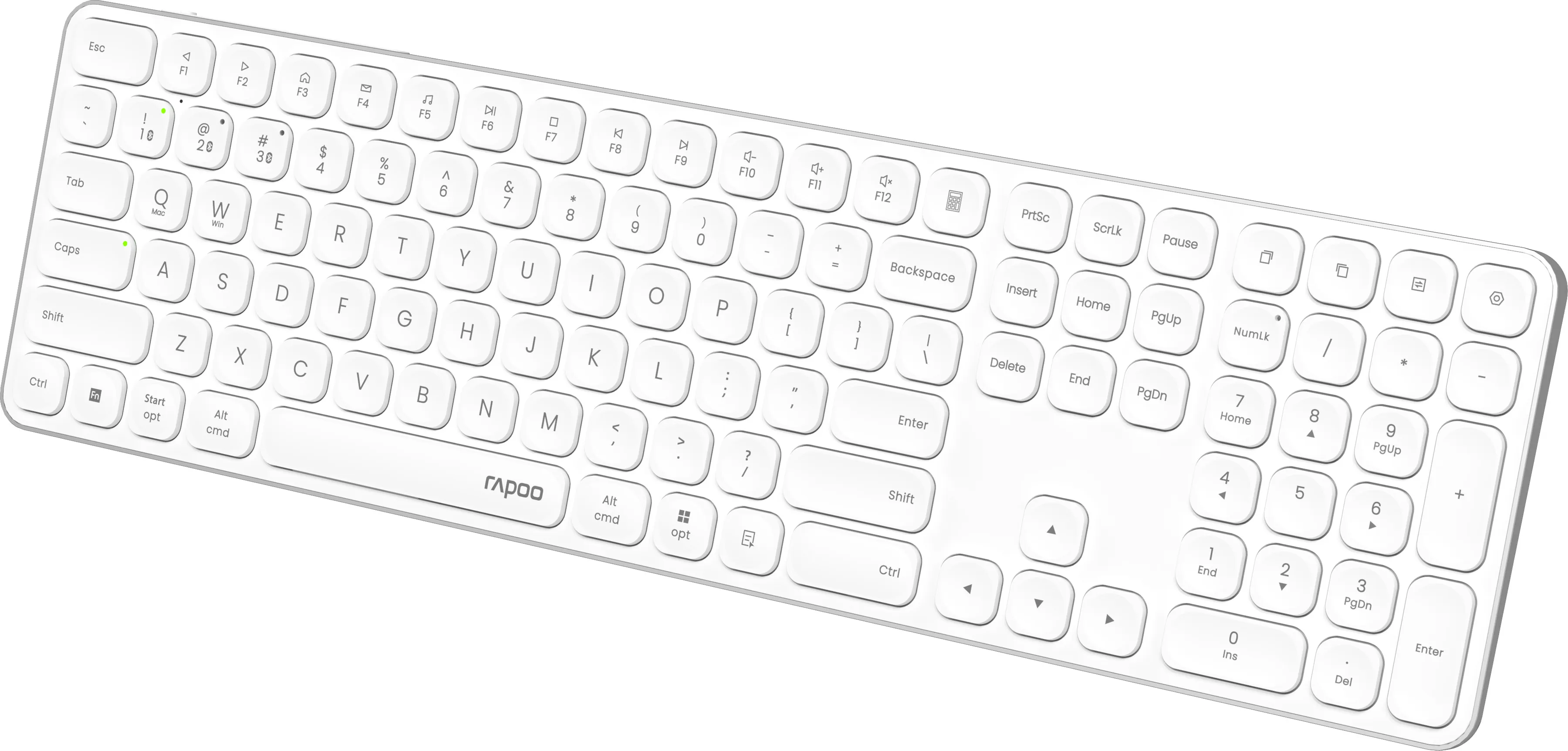 Eine weiße, kabellose Tastatur mit schwarzer Schrift. Sie hat einen Ziffernblock, Funktionstasten und ein Logo.