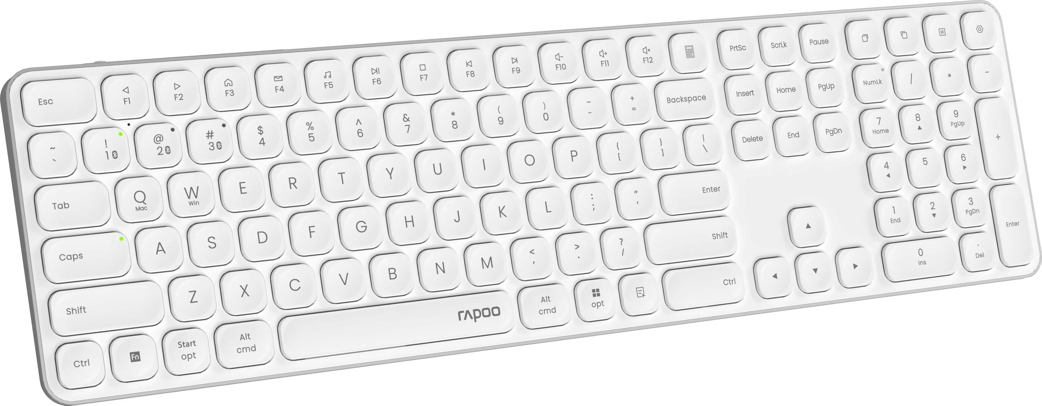 Weiße, drahtlose Tastatur mit schwarzen Tasten, einschließlich Funktionstasten, Ziffernblock und dem Logo 'rapoo'.