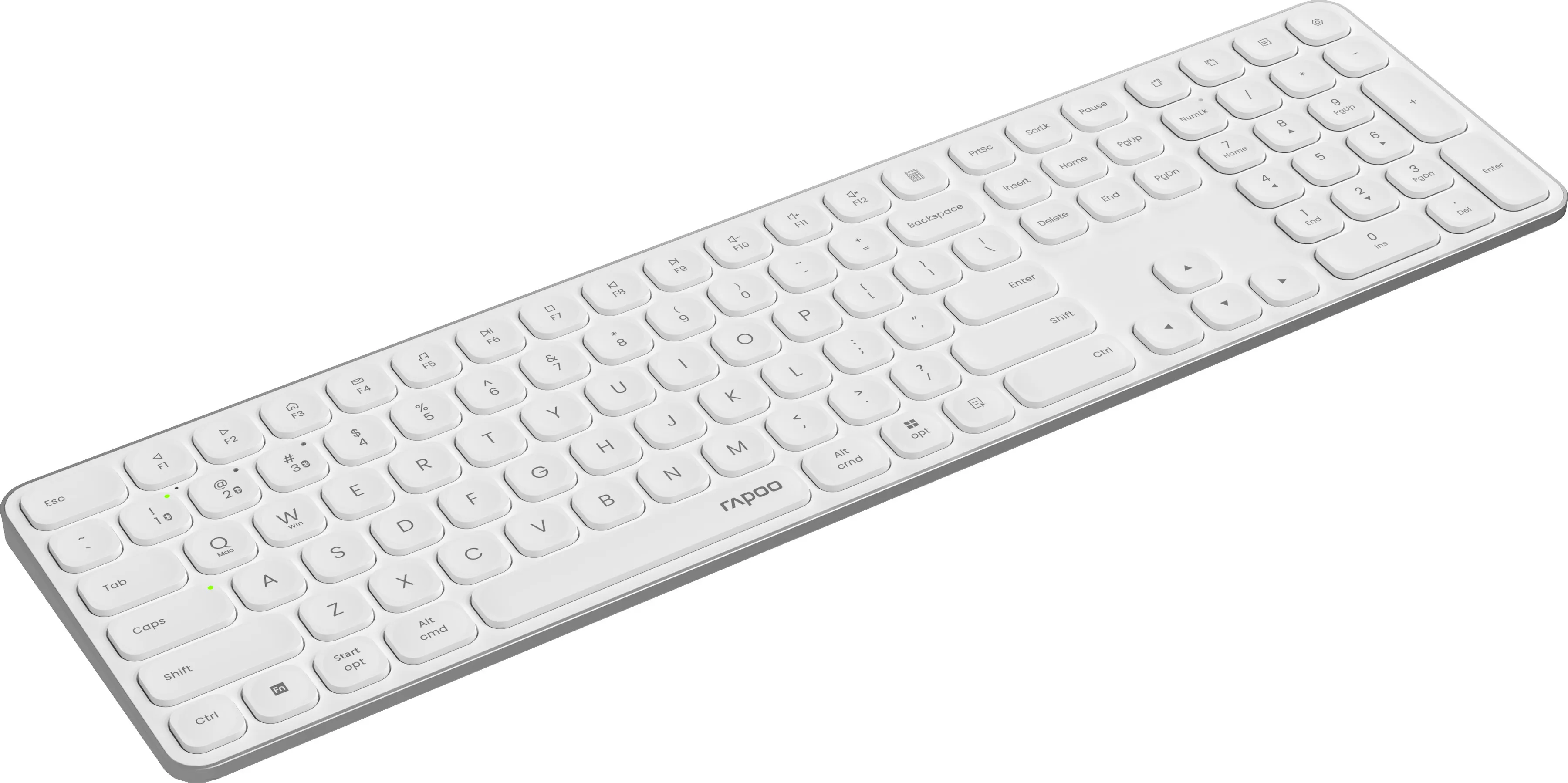 Eine weiße Rapoo-Tastatur mit verschiedenen Tasten, einschließlich Buchstaben, Zahlen und Funktionstasten.