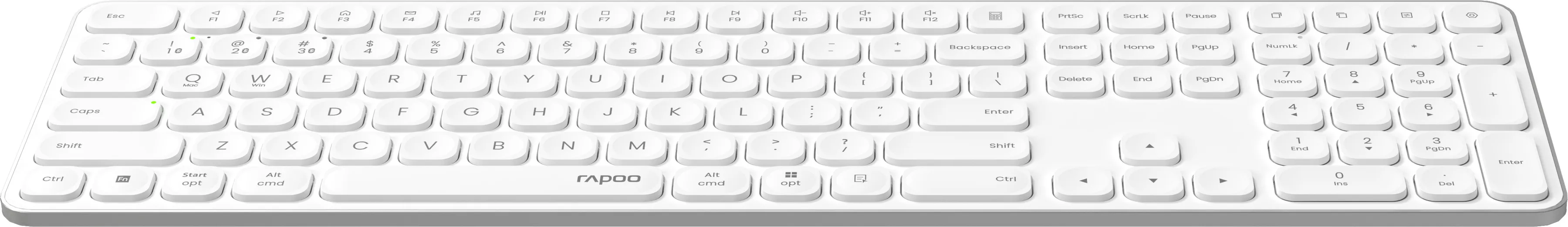 Eine weiße Computertastatur mit schwarzen Buchstaben und Symbolen. Die Tastatur liegt auf einer weißen Oberfläche.
