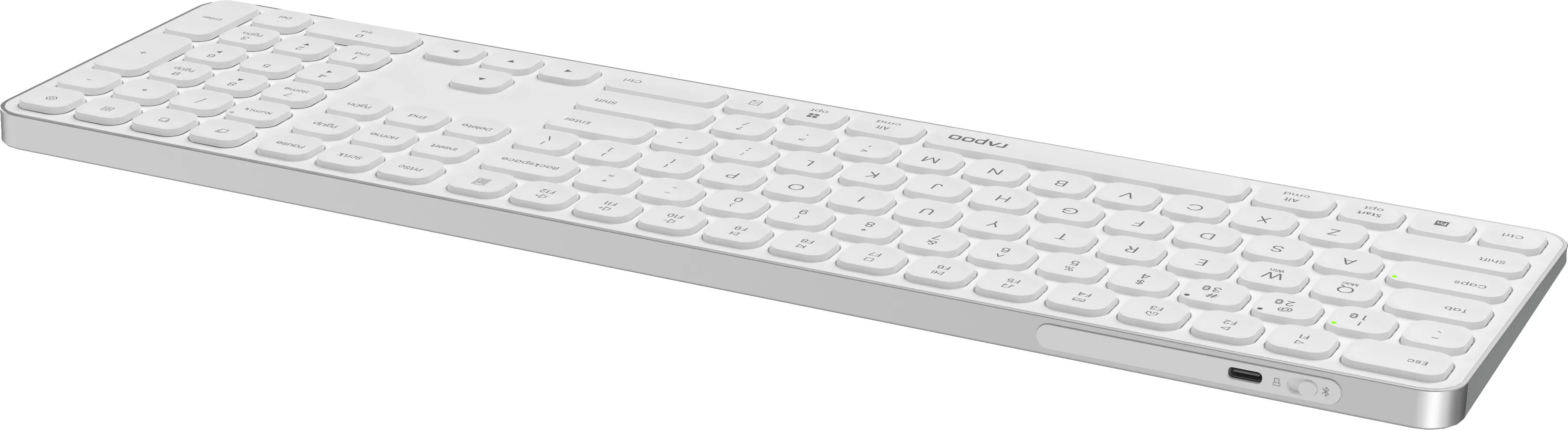 Eine weiße, kabellose Tastatur mit weißen Tasten. Die Tastatur hat ein schlankes Design, ein Logo und einen USB-Anschluss.