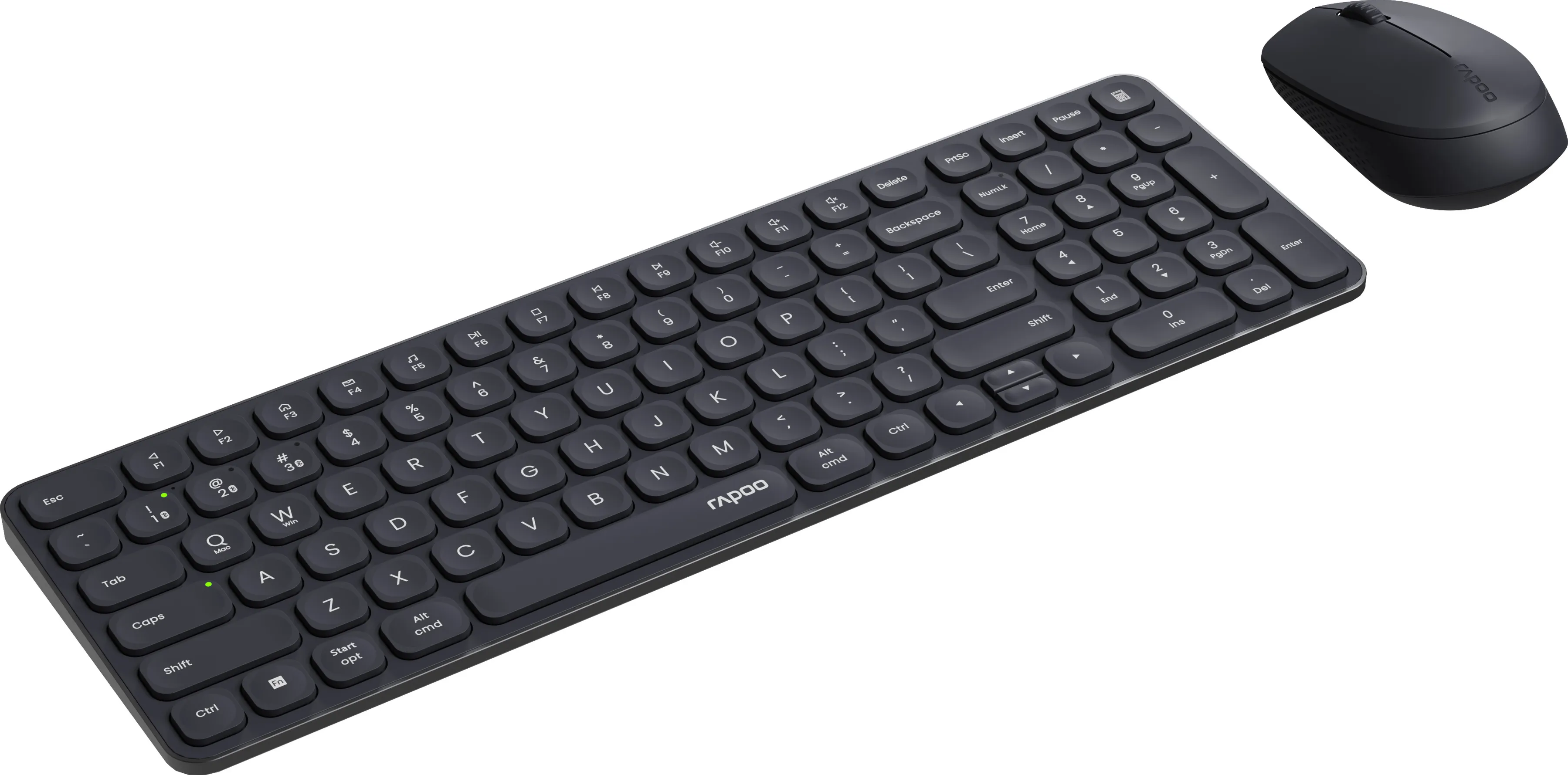 Schwarzes Tastatur- und Maus-Set auf weißem Hintergrund. Die Tastatur ist kompakt mit Ziffernblock.