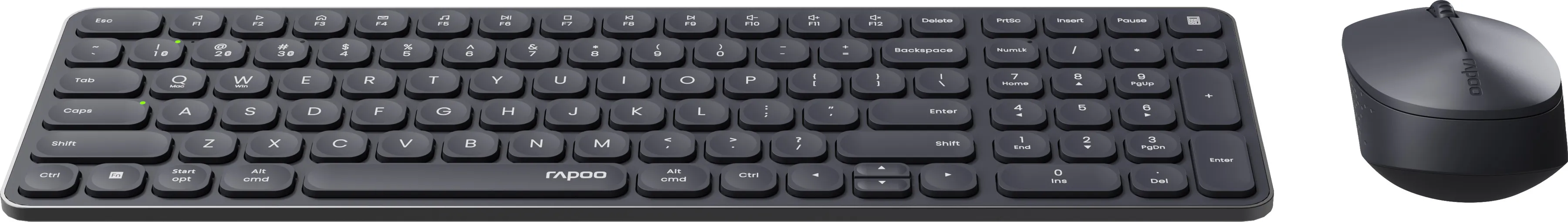 Eine schwarze Tastatur mit weißer Beschriftung und eine schwarze Maus auf weißem Hintergrund. Die Tastatur hat ein rapoo-Logo.