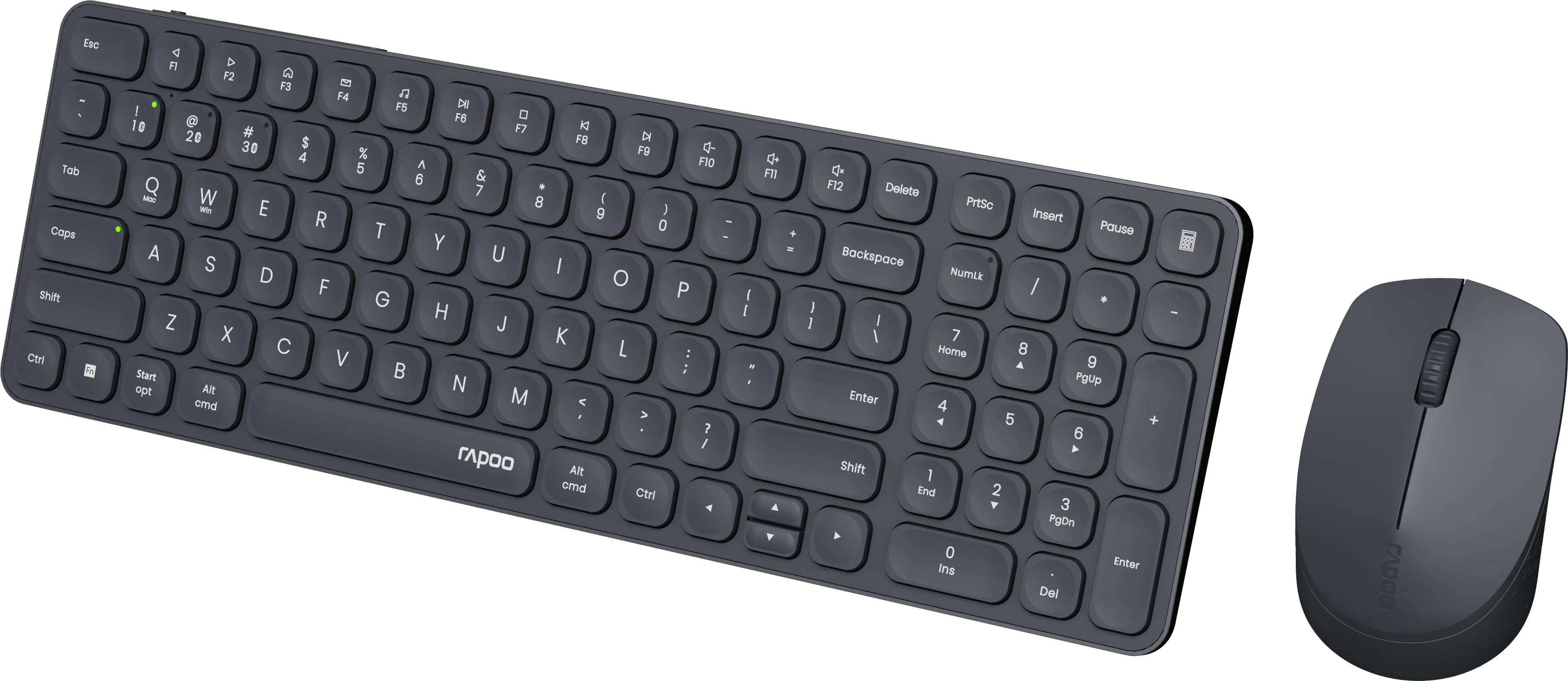 Ein dunkelgraues kabelloses Tastatur- und Maus-Set. Die Tastatur hat runde Tasten und einen Nummernblock. Die Maus ist rechts.
