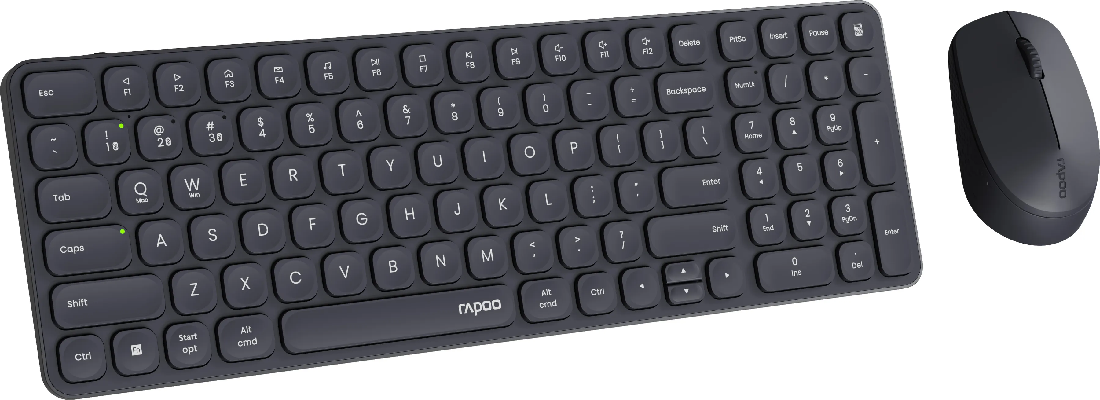 Ein dunkelgraues Tastatur- und Maus-Set. Die Tastatur hat Standardtasten und die Maus befindet sich rechts.
