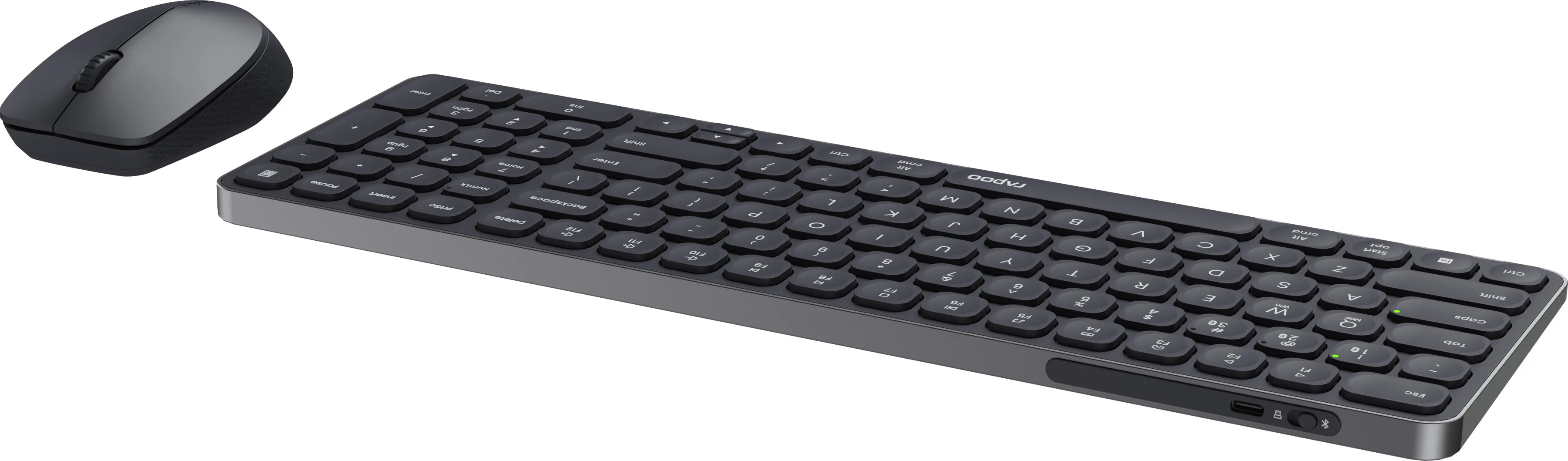 Ein schwarzes drahtloses Tastatur- und Maus-Set vor weißem Hintergrund. Die Tastatur hat einen Metallrahmen.