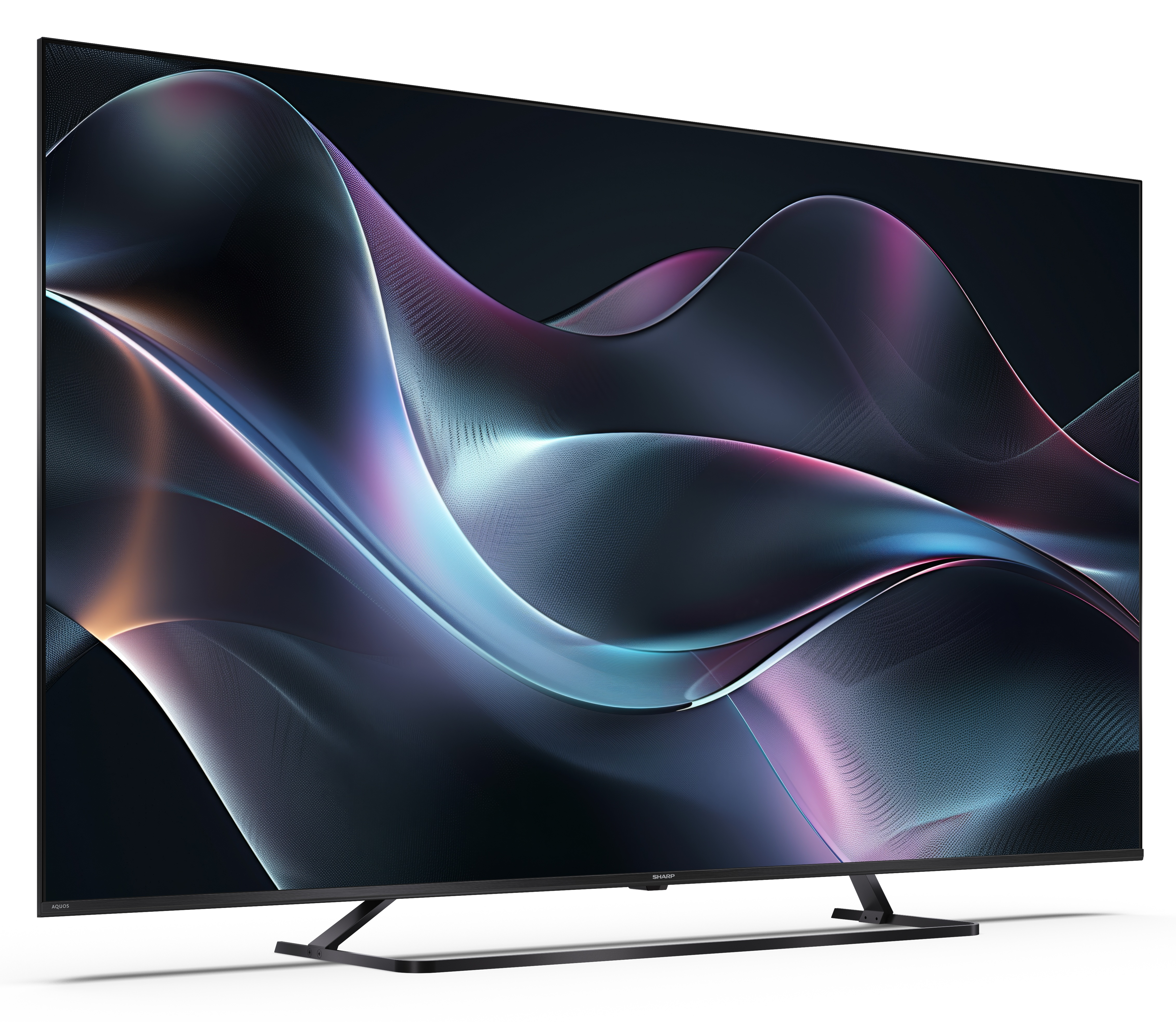Telewizor Sharp wyświetla abstrakcyjny, kolorowy wzór. Ma czarną ramę i podstawę na białym tle.