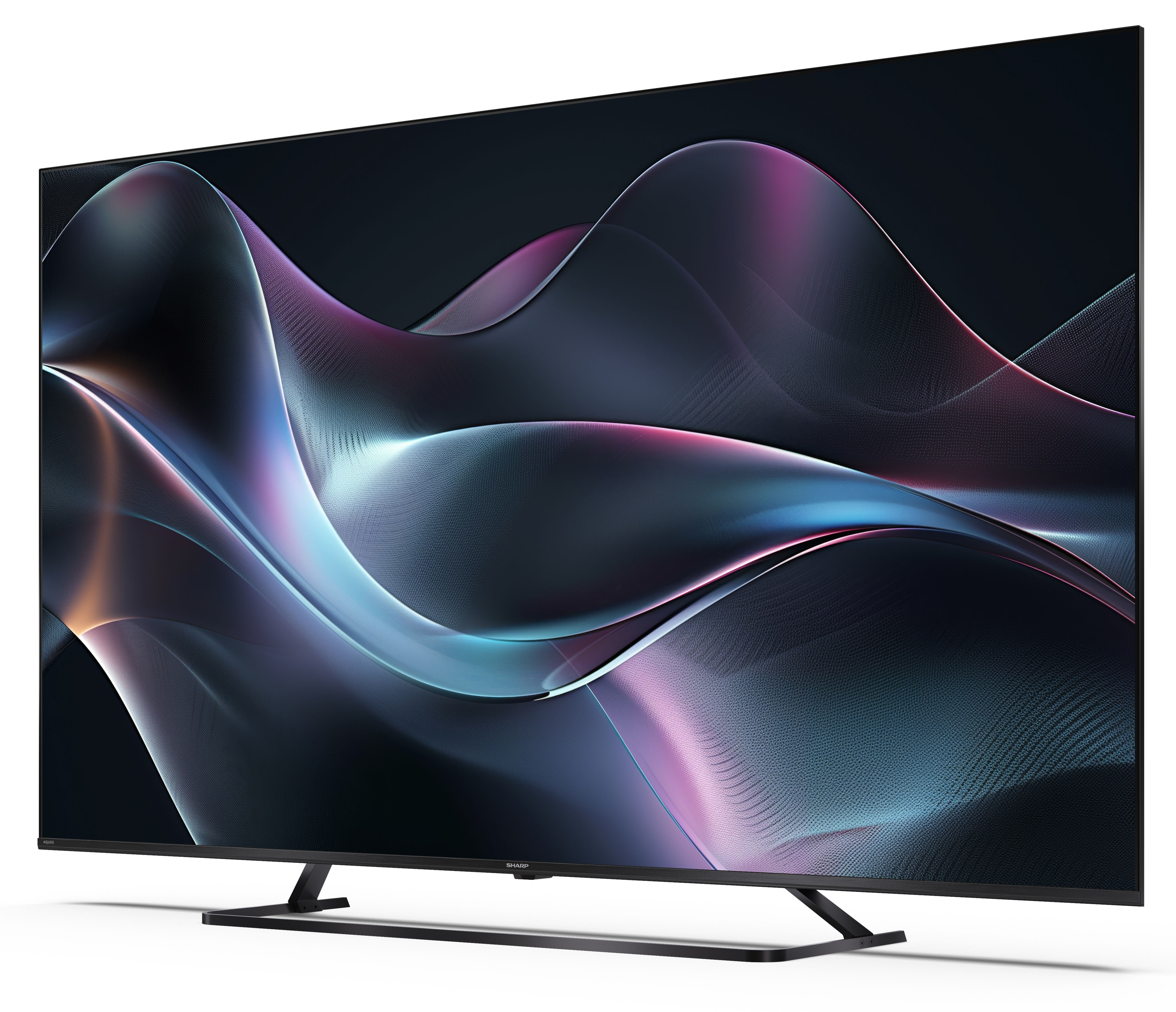 Nowoczesny ekran telewizora wyświetla abstrakcyjne, kolorowe, faliste wzory na ciemnym tle. Ma czarną podstawę.