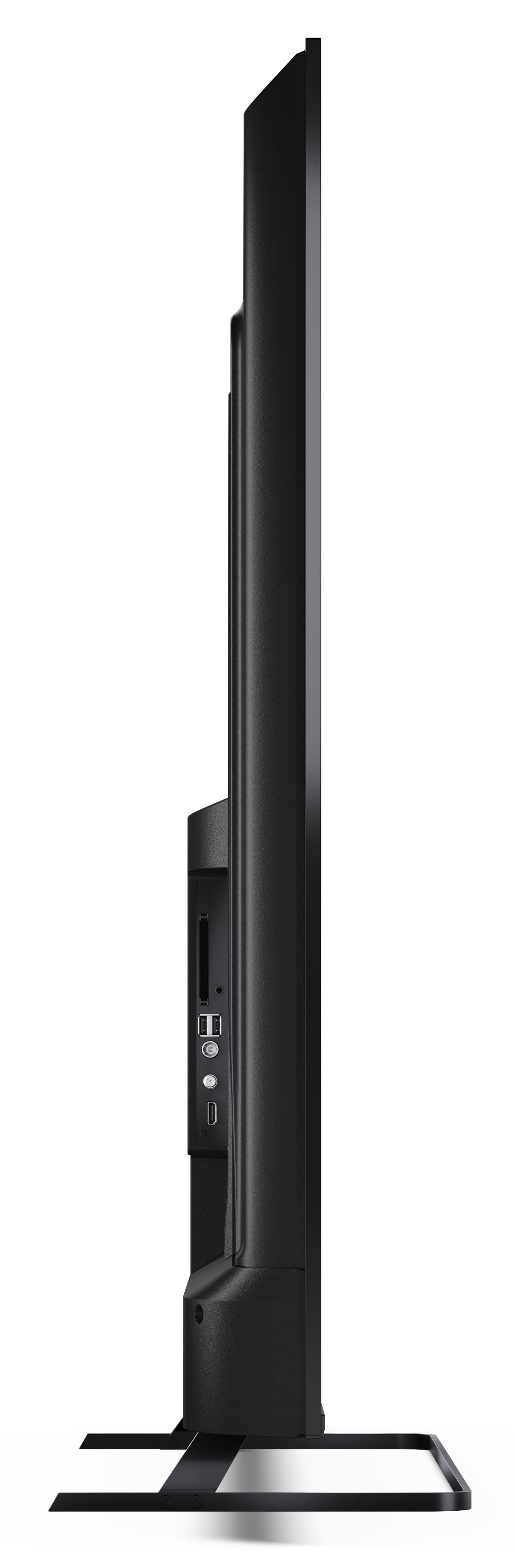 Widok z boku czarnego telewizora. Pokazuje porty i podstawę. Białe tło.