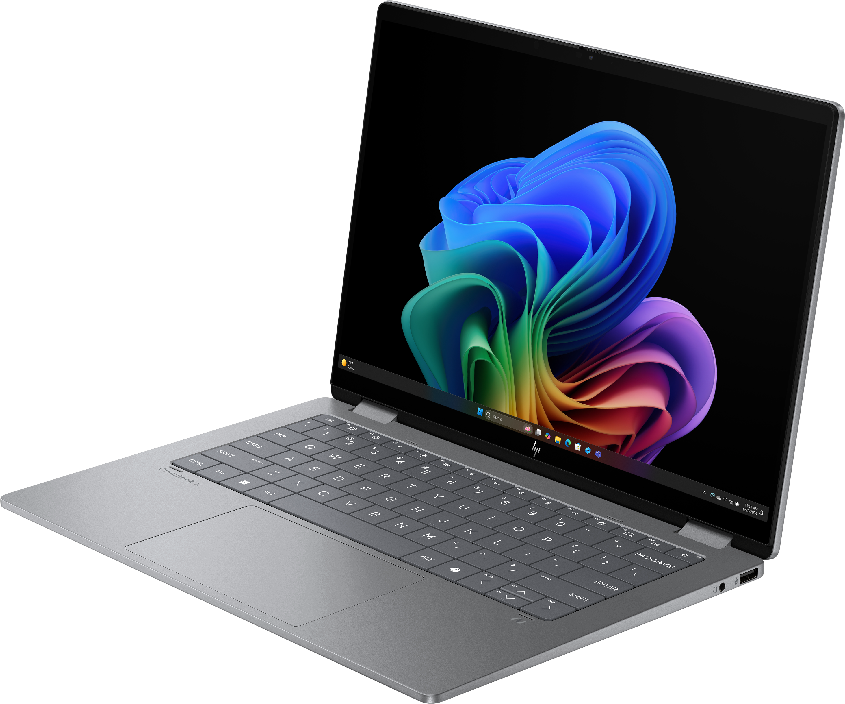 Laptop con schermo colorato che mostra un design a spirale, tastiera e touchpad. Vista angolata.