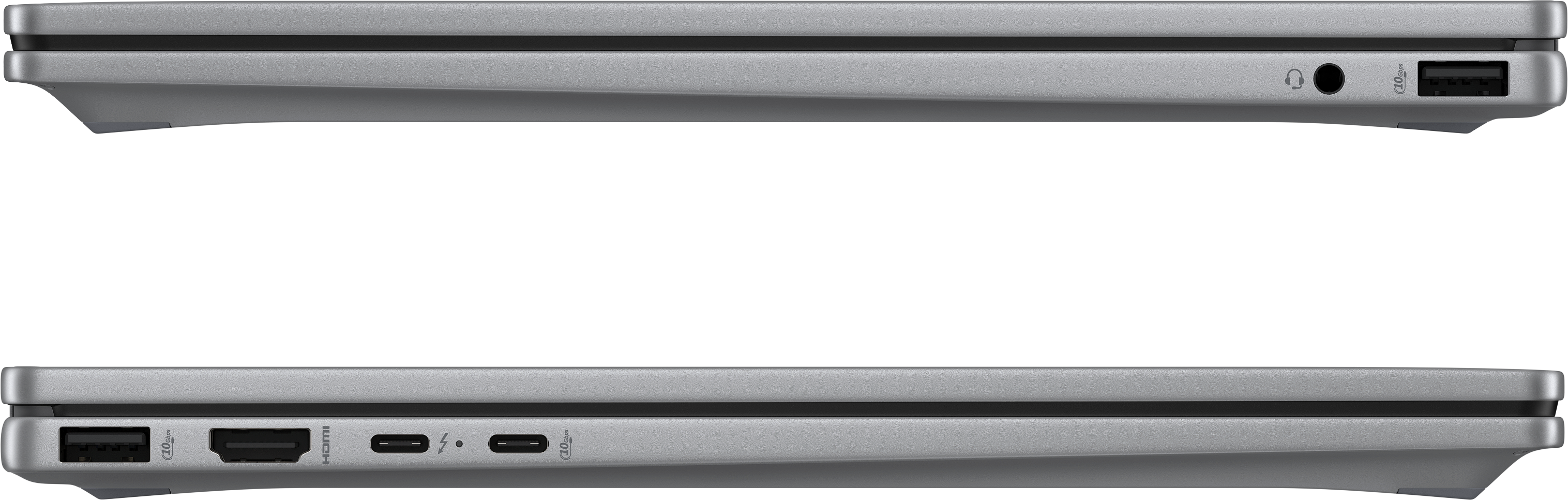 Profilo laterale del laptop, con porte: USB, HDMI, Thunderbolt, jack cuffie. Corpo argento, dettagli neri, su sfondo bianco.
