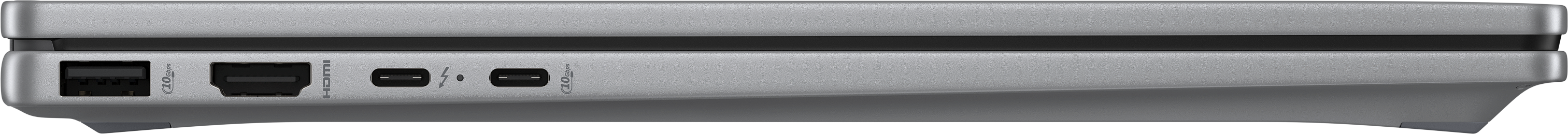 Lato del laptop argentato con porte: USB, HDMI, Thunderbolt e USB-C. Sfondo nero. Pannelli superiori e inferiori visibili.